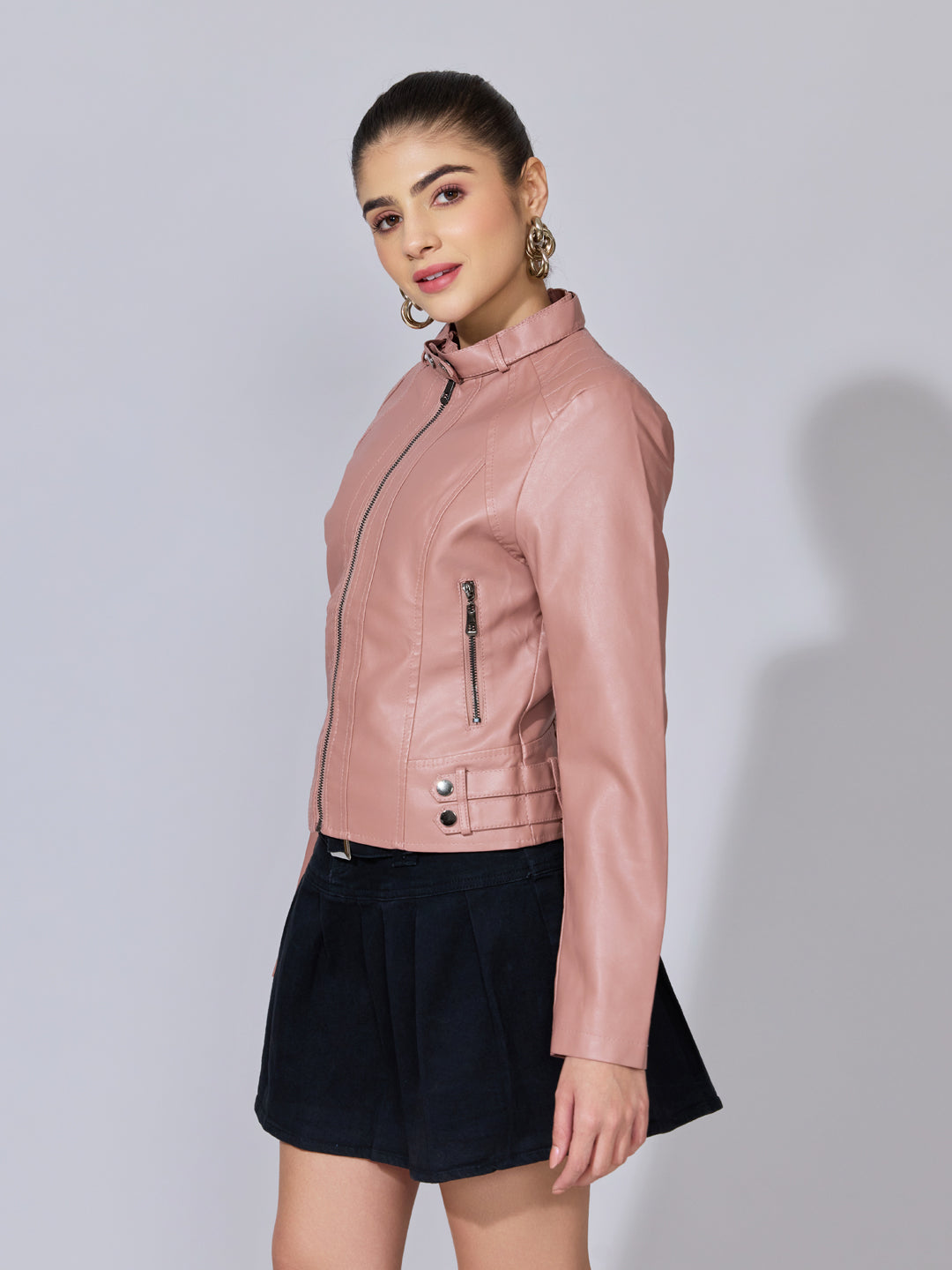 Women's Pink Faux Leather Biker Jacket