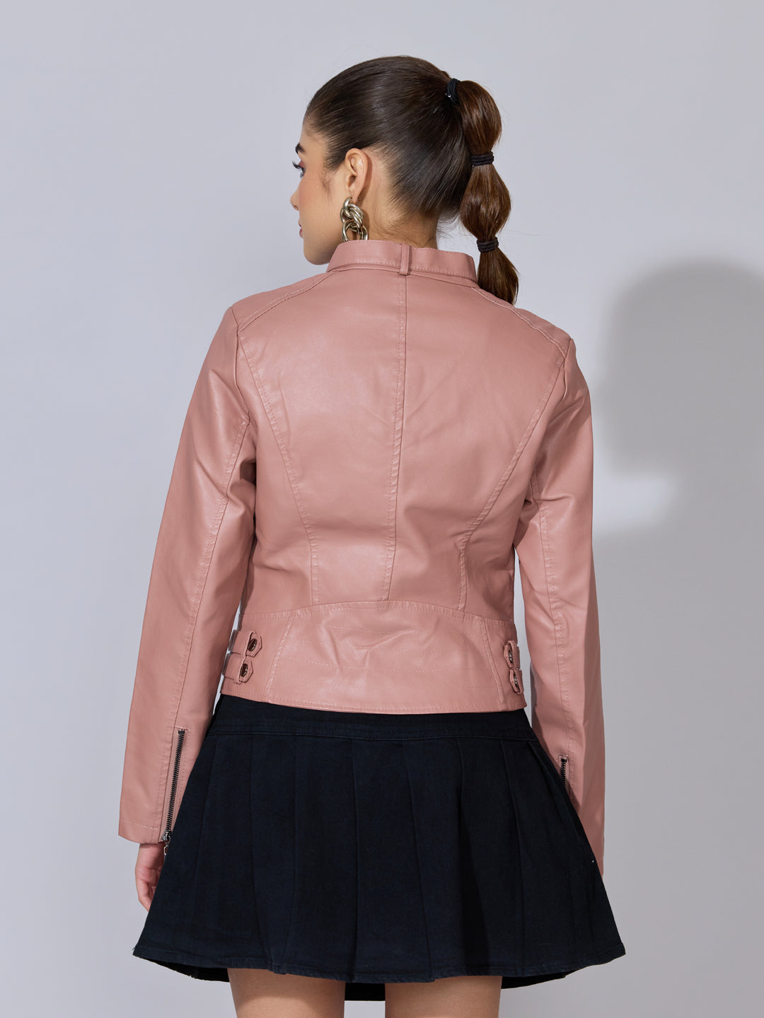 Women's Pink Faux Leather Biker Jacket