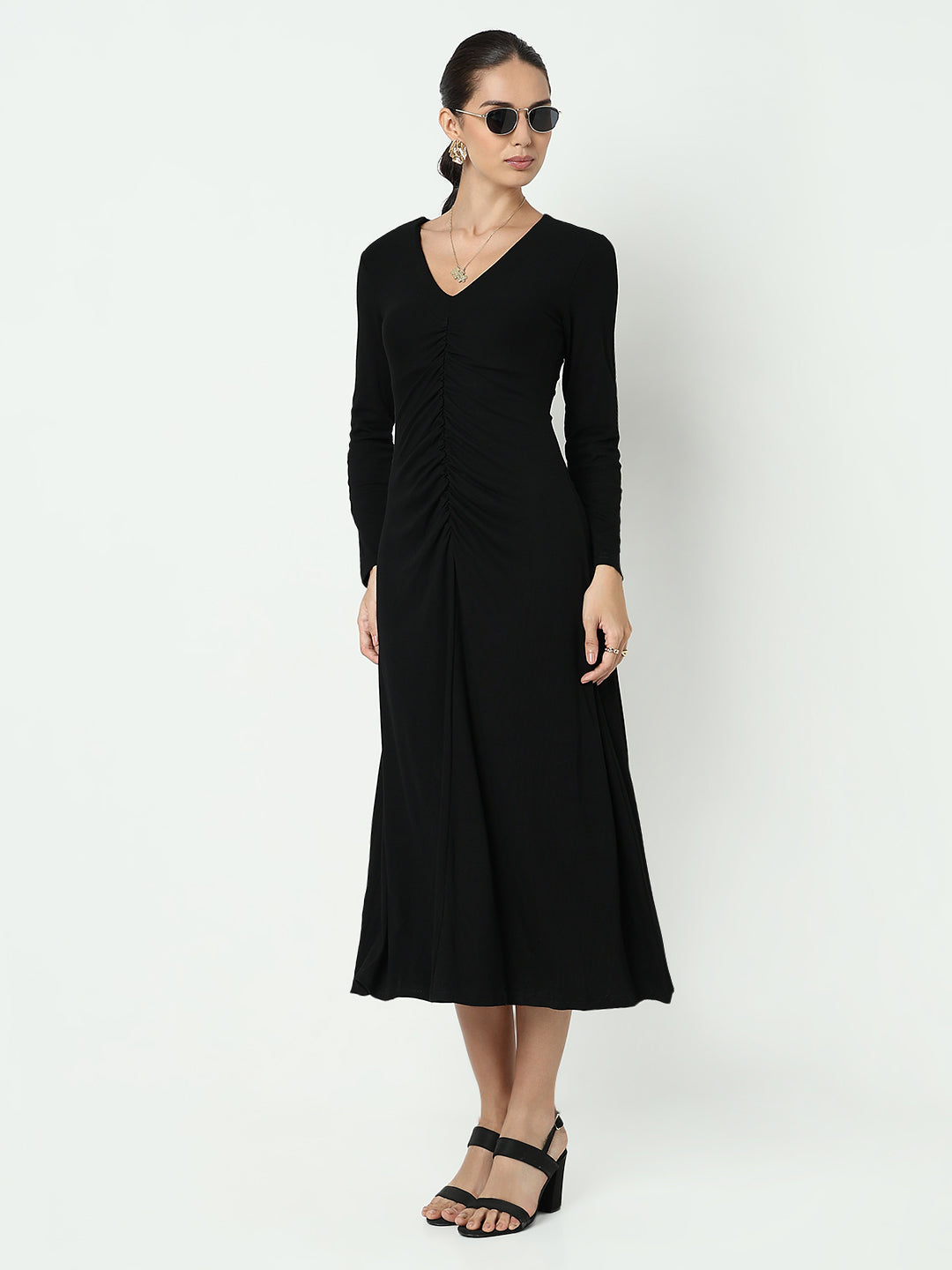 Women's Black V-Neck Ruched A-Line Dress