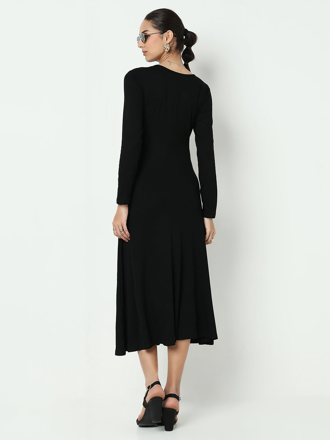 Women's Black V-Neck Ruched A-Line Dress