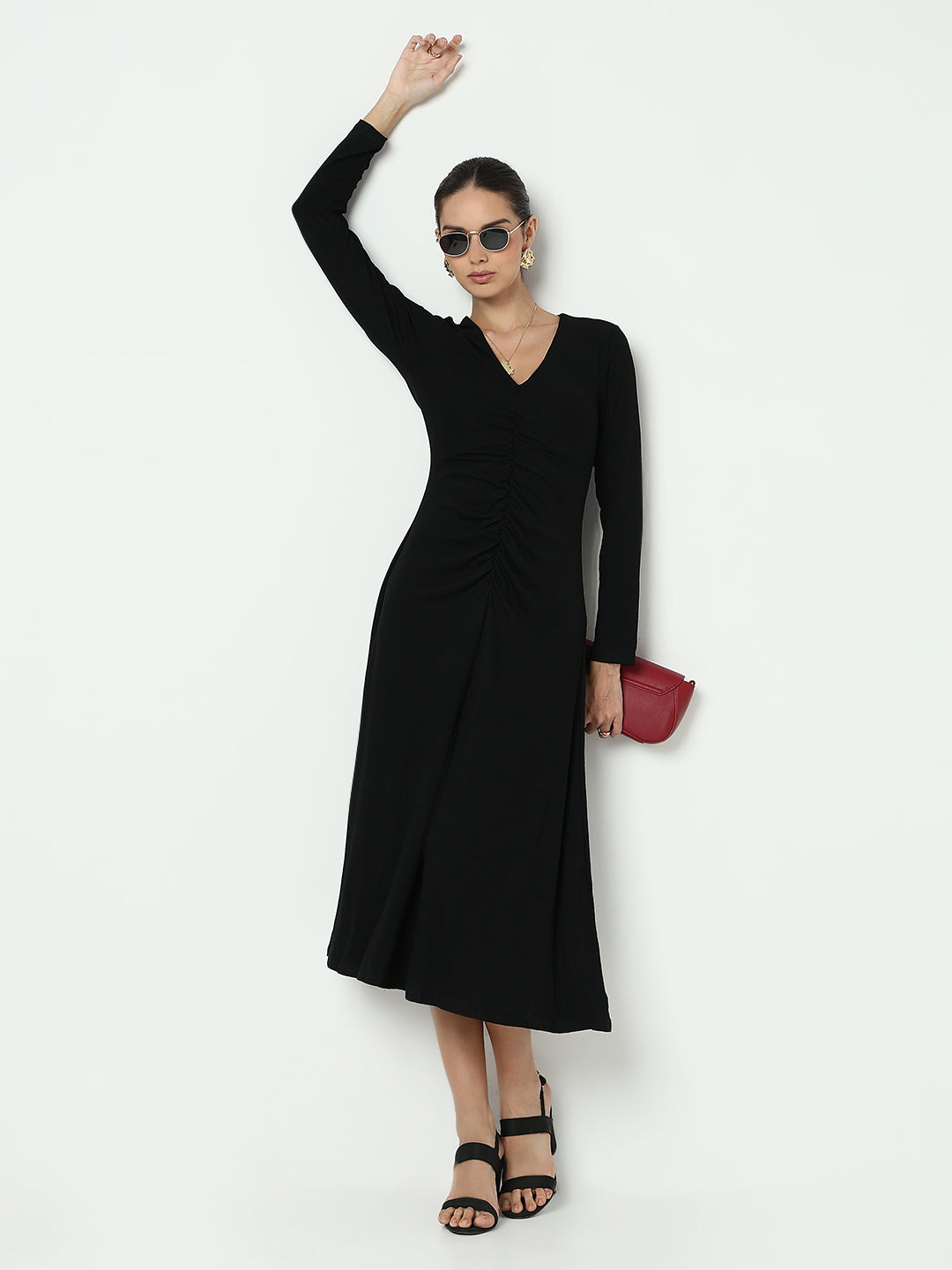 Women's Black V-Neck Ruched A-Line Dress