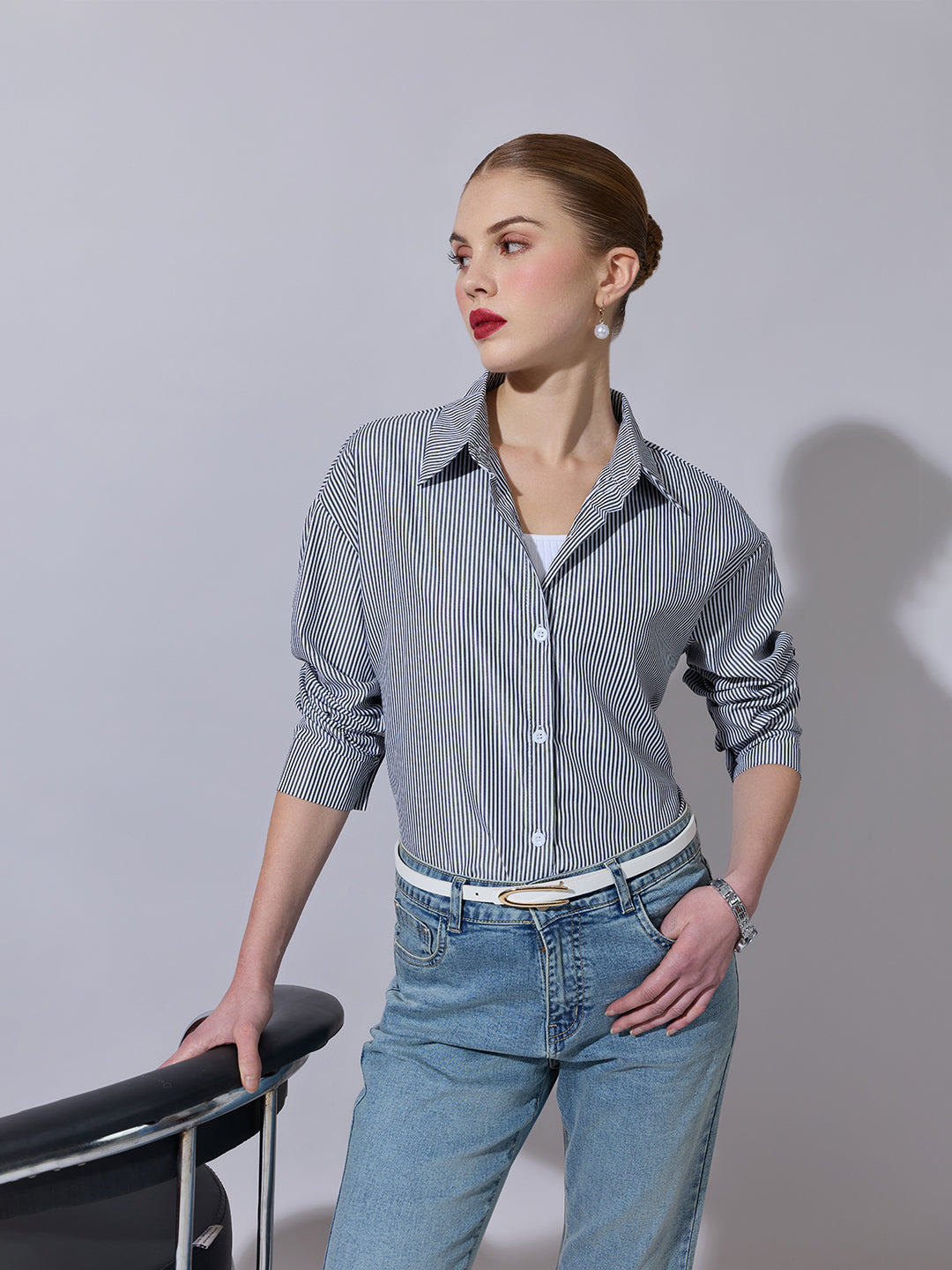 Women's Striped Black Button-Down Shirt