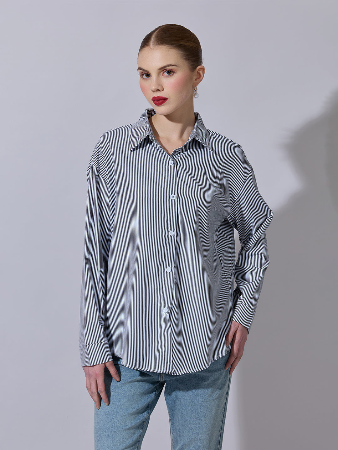 Women's Striped Black Button-Down Shirt