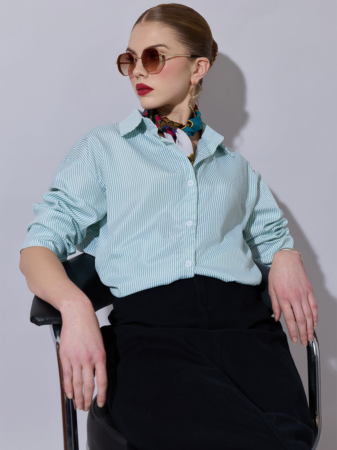 Women's Striped Green Button-Down Shirt