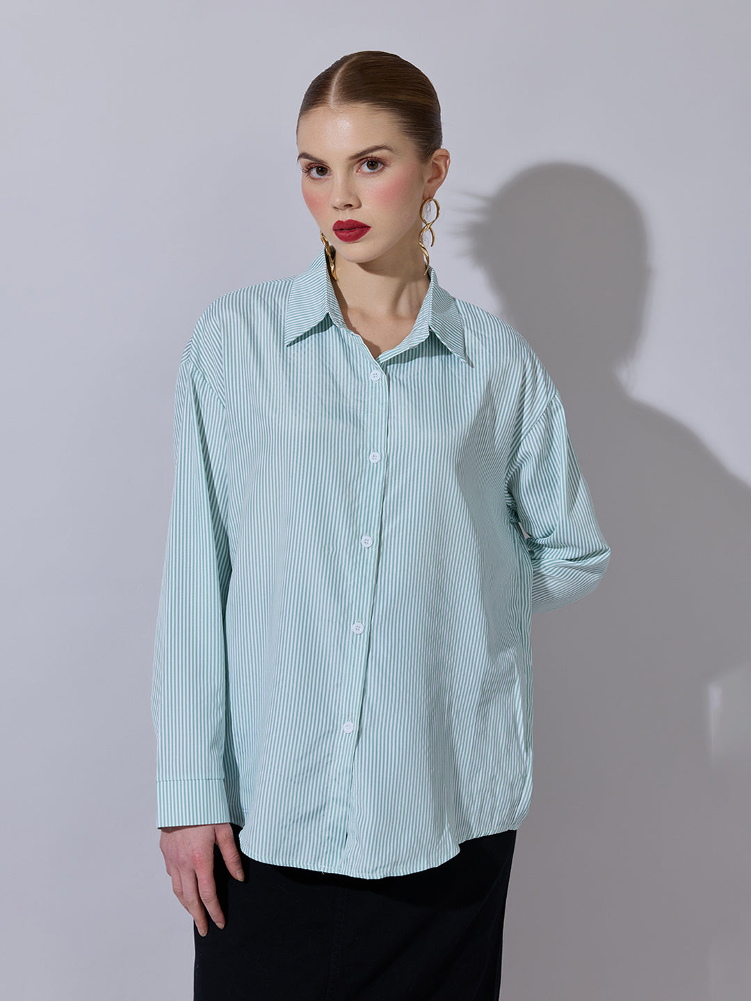 Women's Striped Green Button-Down Shirt
