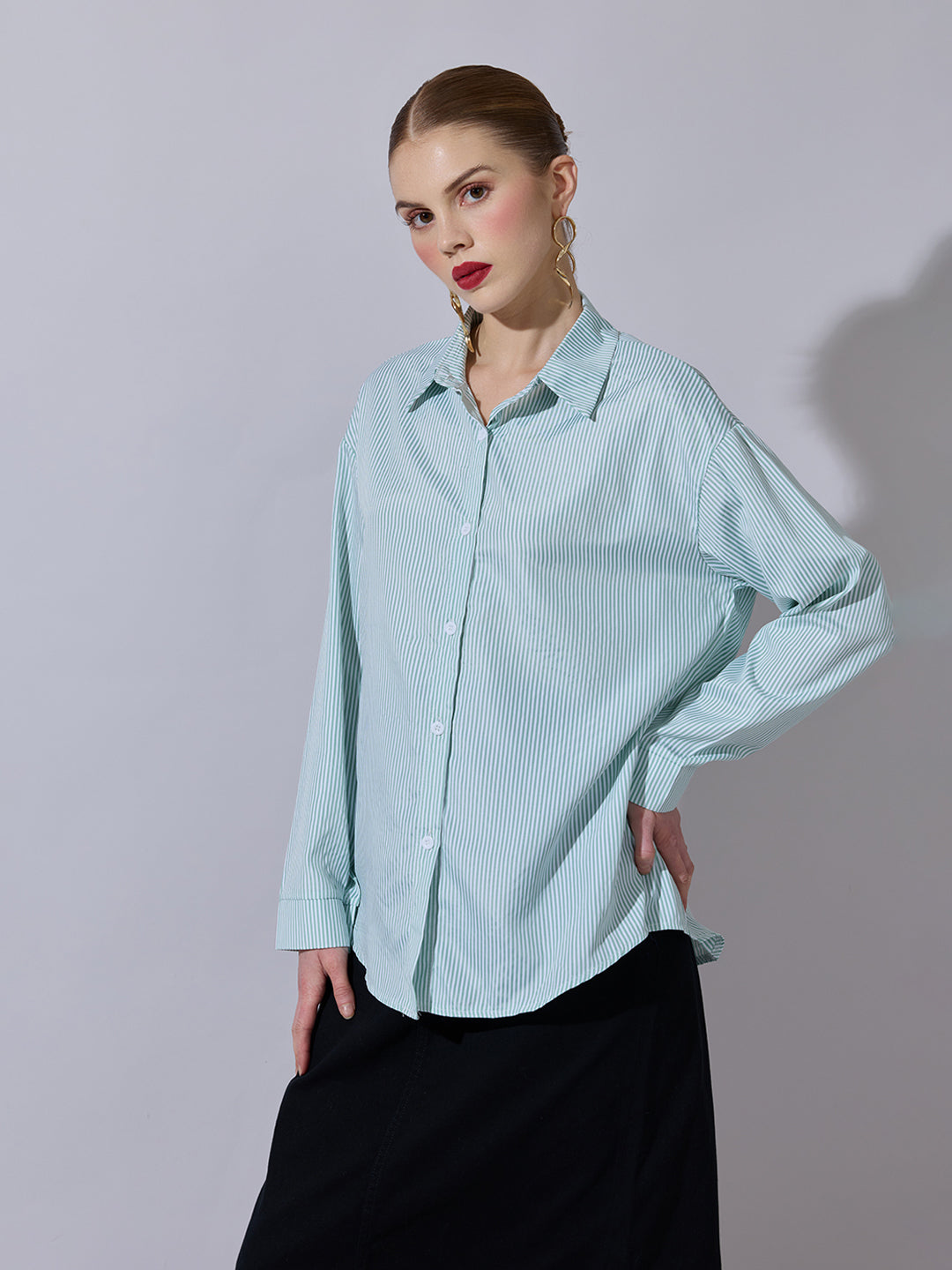 Women's Striped Green Button-Down Shirt