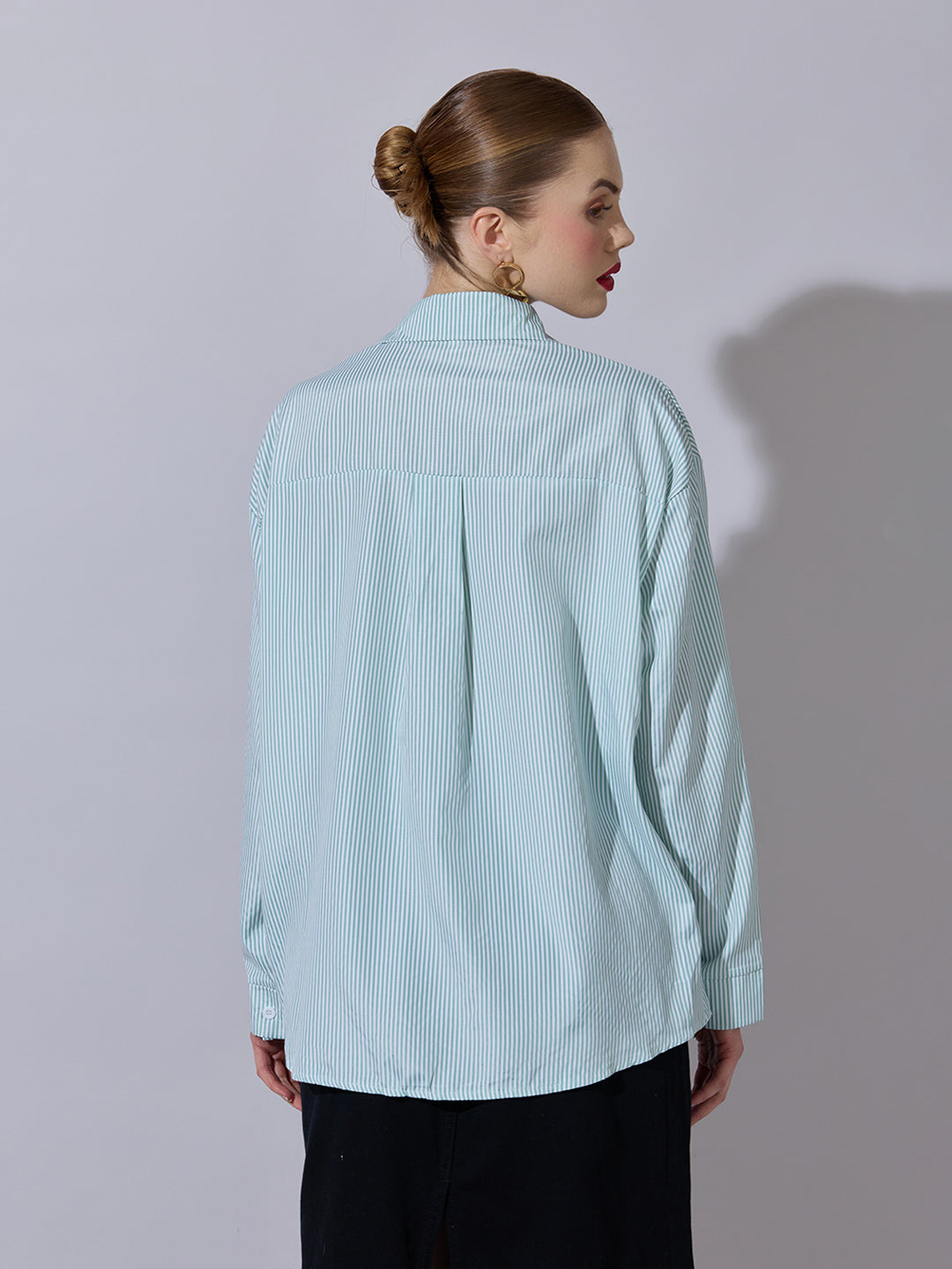 Women's Striped Green Button-Down Shirt