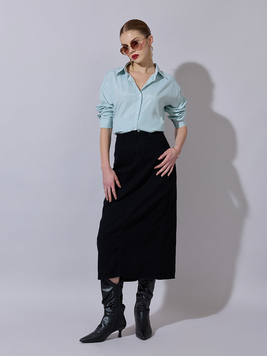 Women's Striped Green Button-Down Shirt