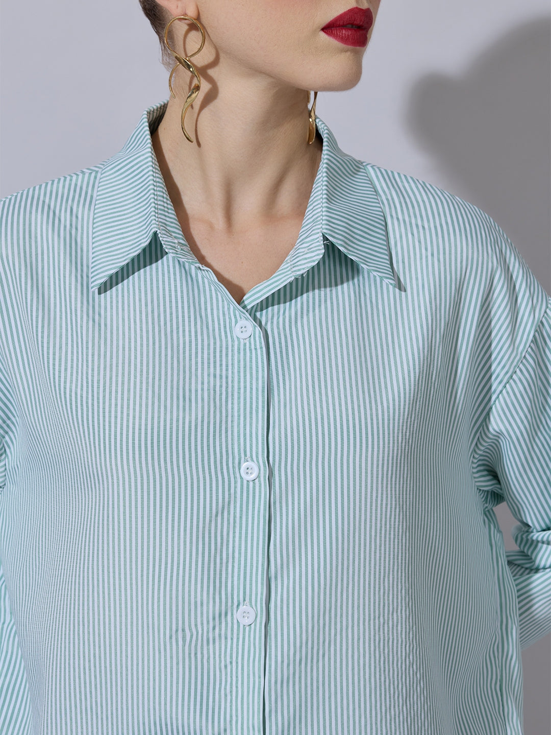 Women's Striped Green Button-Down Shirt
