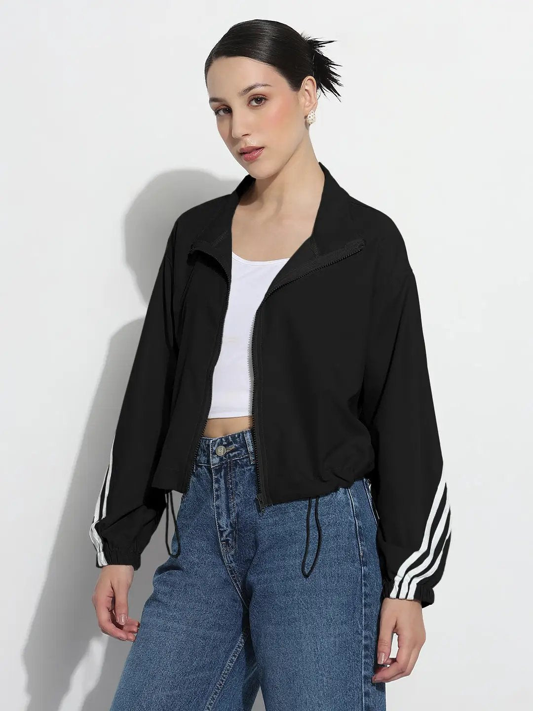 Women's Black Mock Collar Relaxed Fit Zipper Jacket with Striped Tape Detail - from SHOWOFFFF