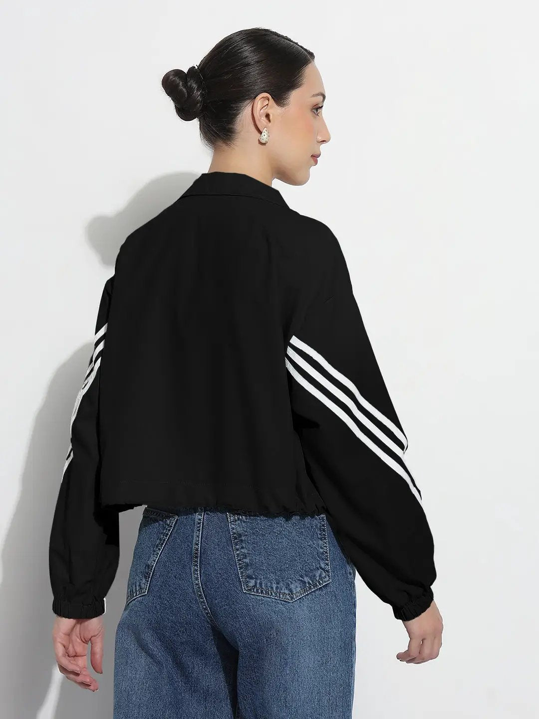 Women's Black Mock Collar Relaxed Fit Zipper Jacket with Striped Tape Detail - from SHOWOFFFF