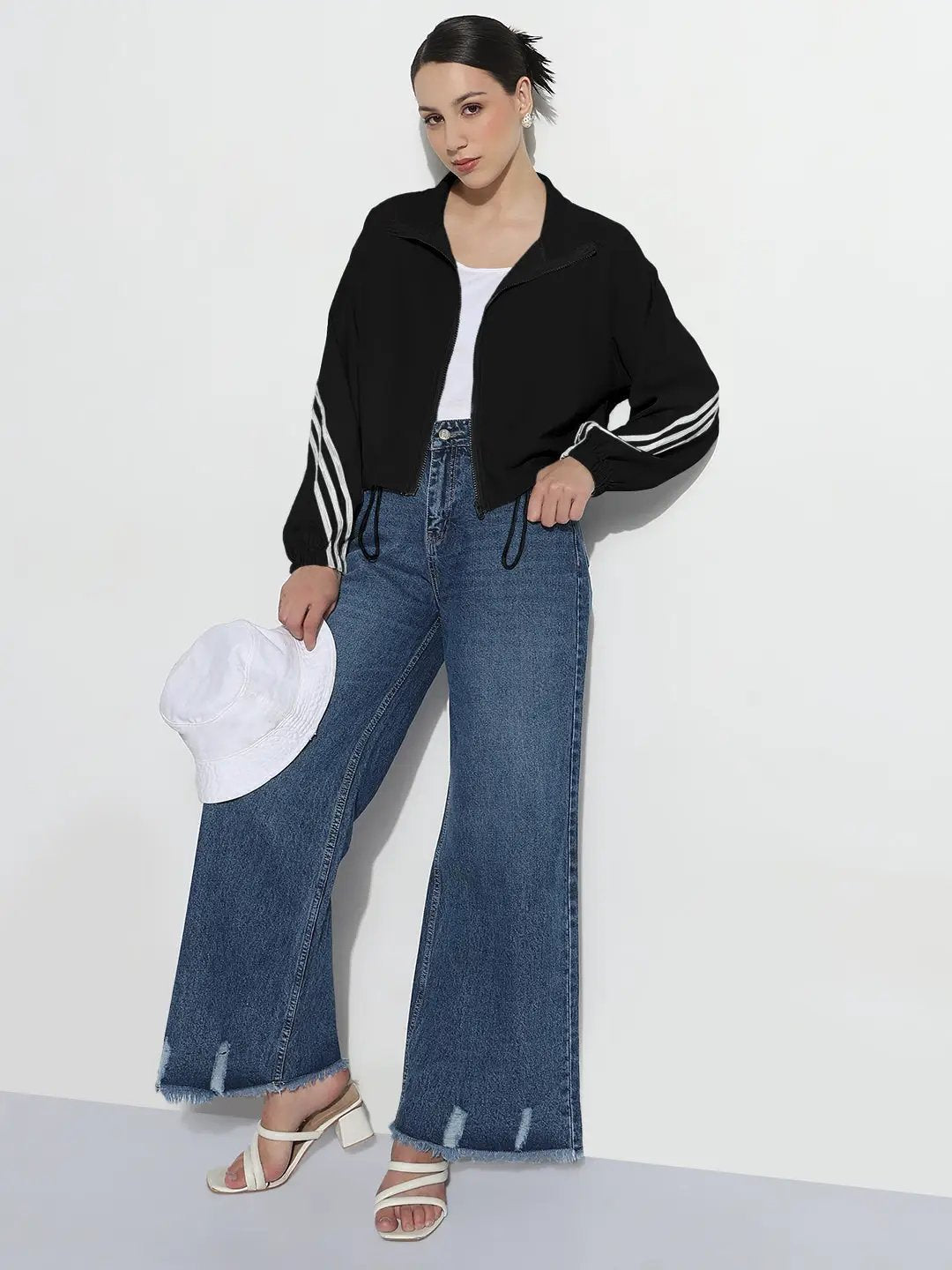Women's Black Mock Collar Relaxed Fit Zipper Jacket with Striped Tape Detail - from SHOWOFFFF
