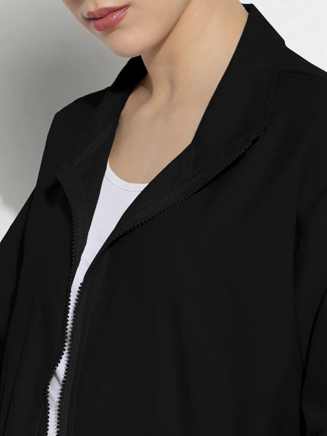 Women's Black Mock Collar Relaxed Fit Zipper Jacket with Striped Tape Detail - from SHOWOFFFF