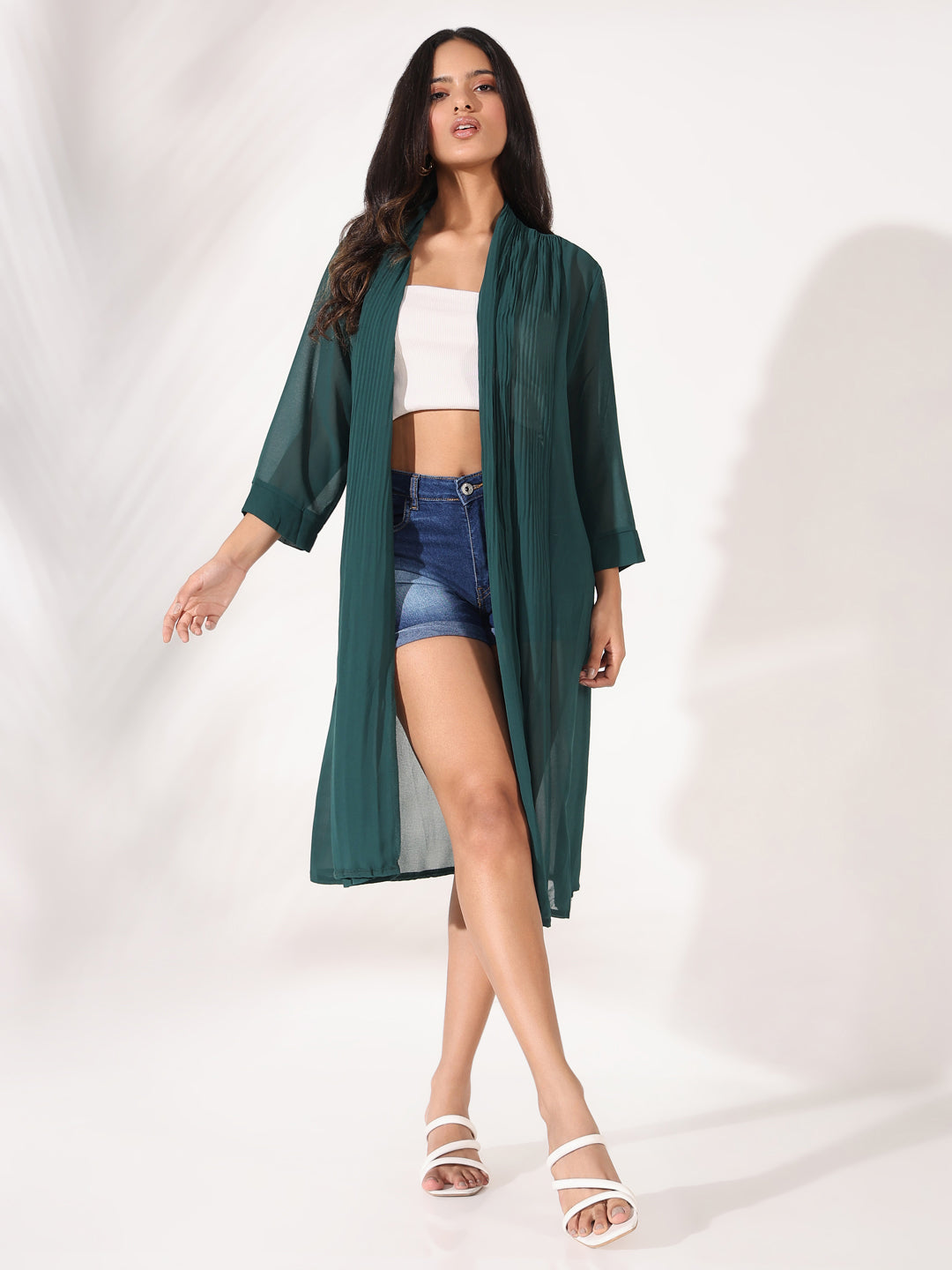 Women Green Solid Longline Shrug