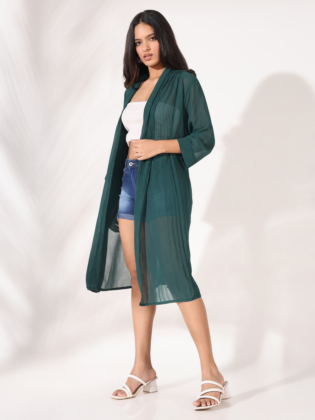 Women Green Solid Longline Shrug