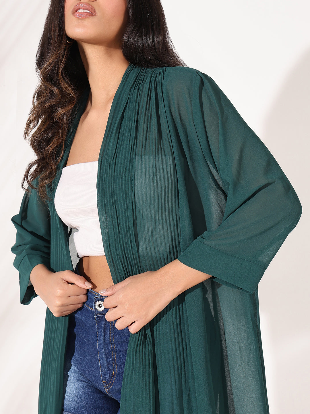 Women Green Solid Longline Shrug