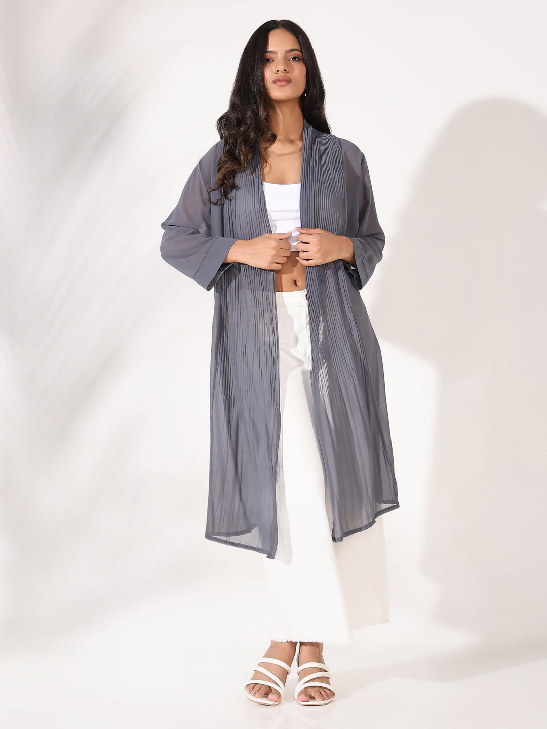 Women Grey Solid Longline Shrug