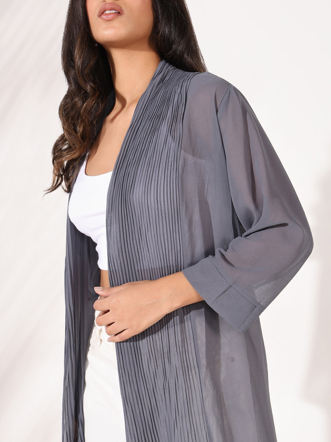 Women Grey Solid Longline Shrug