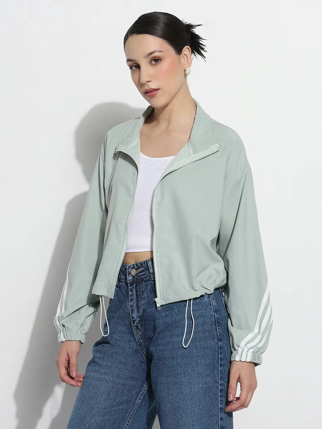 Women's Sea Green Mock Collar Relaxed Fit Zipper Jacket with Striped Tape Detail - from SHOWOFFFF