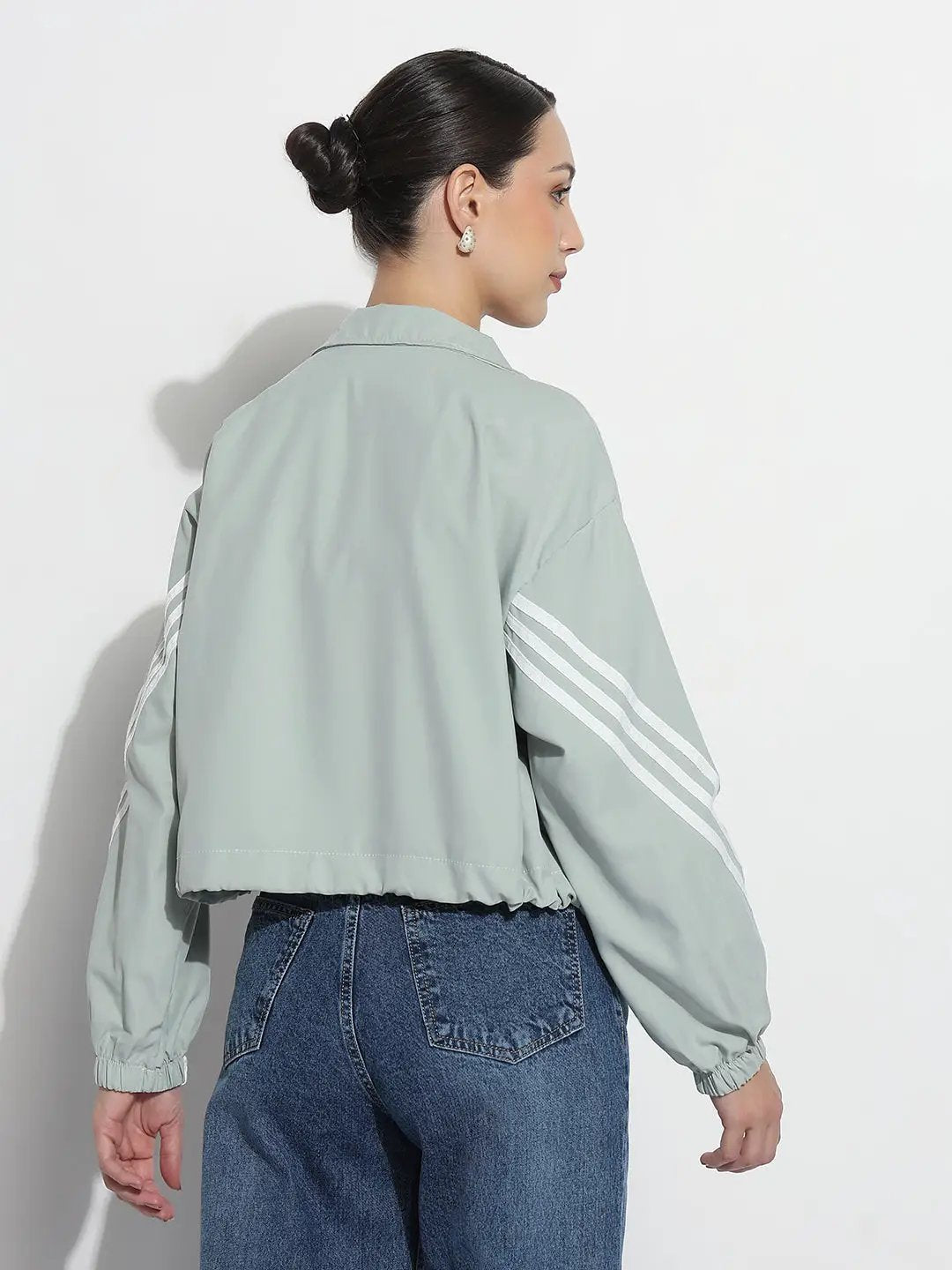 Women's Sea Green Mock Collar Relaxed Fit Zipper Jacket with Striped Tape Detail - from SHOWOFFFF