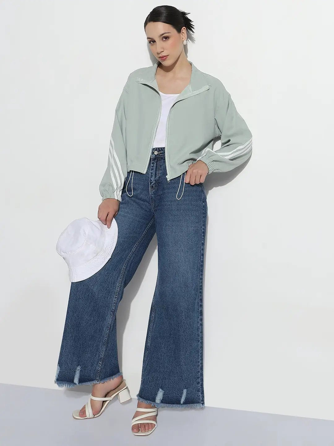Women's Sea Green Mock Collar Relaxed Fit Zipper Jacket with Striped Tape Detail - from SHOWOFFFF