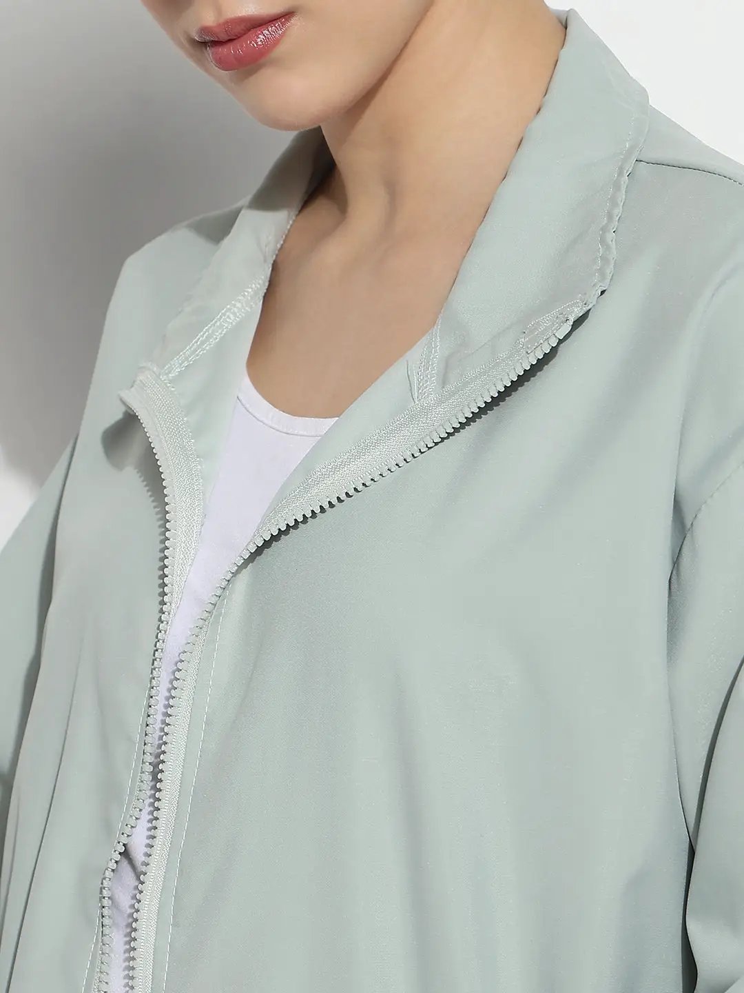 Women's Sea Green Mock Collar Relaxed Fit Zipper Jacket with Striped Tape Detail - from SHOWOFFFF