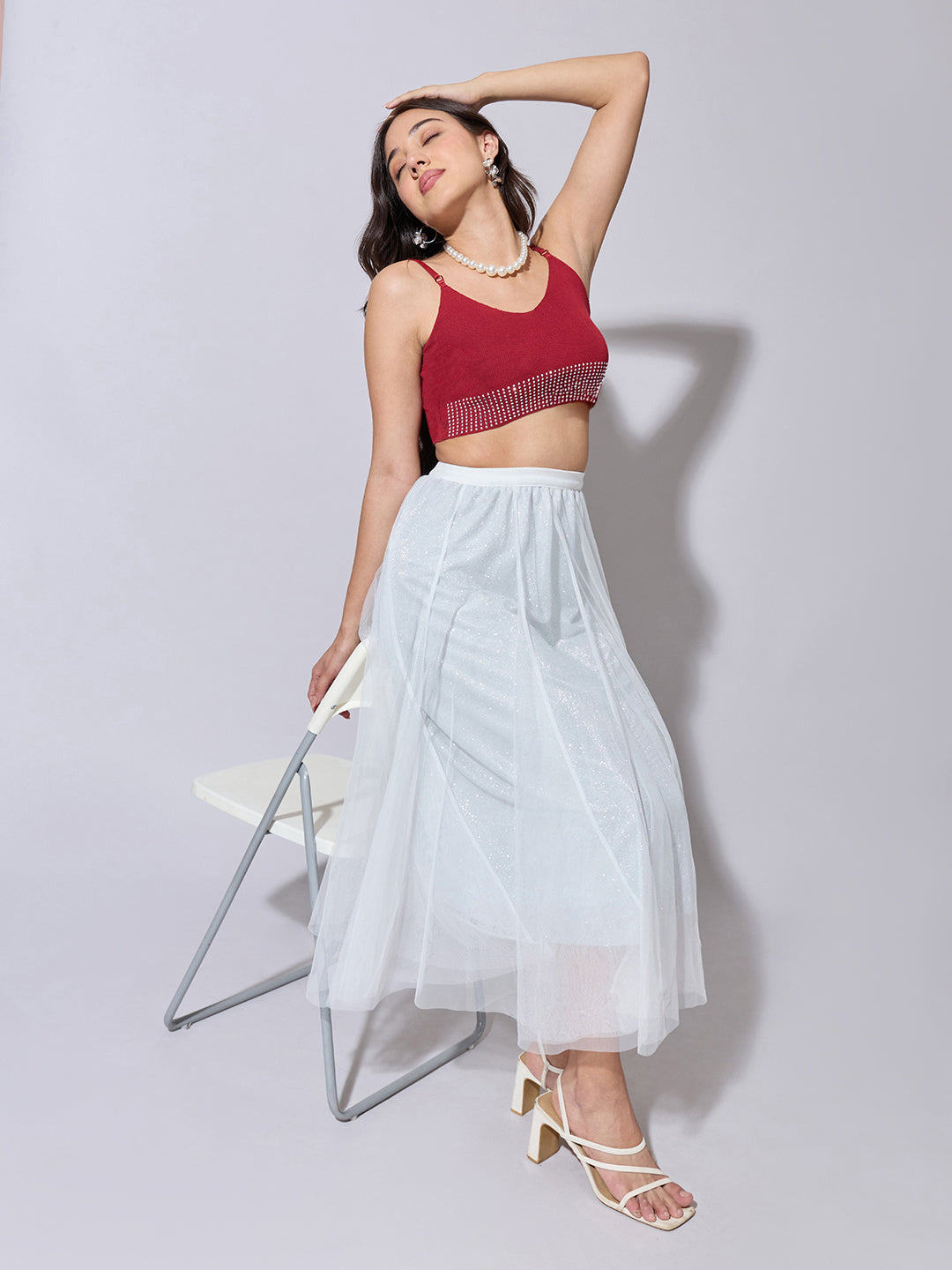 Women's White Shimmer Net Midi Skirt