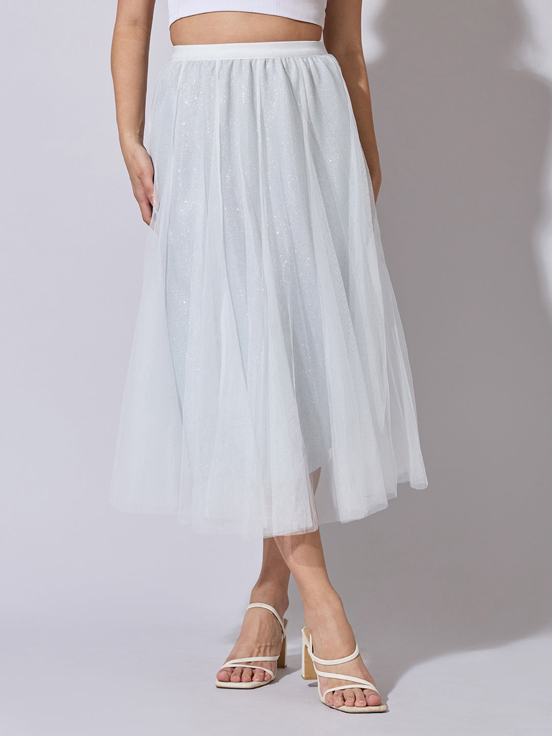 Women's White Shimmer Net Midi Skirt