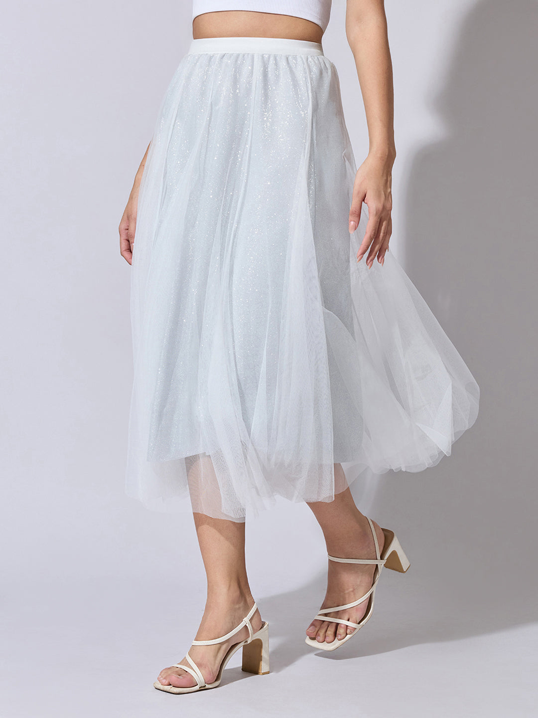 Women's White Shimmer Net Midi Skirt
