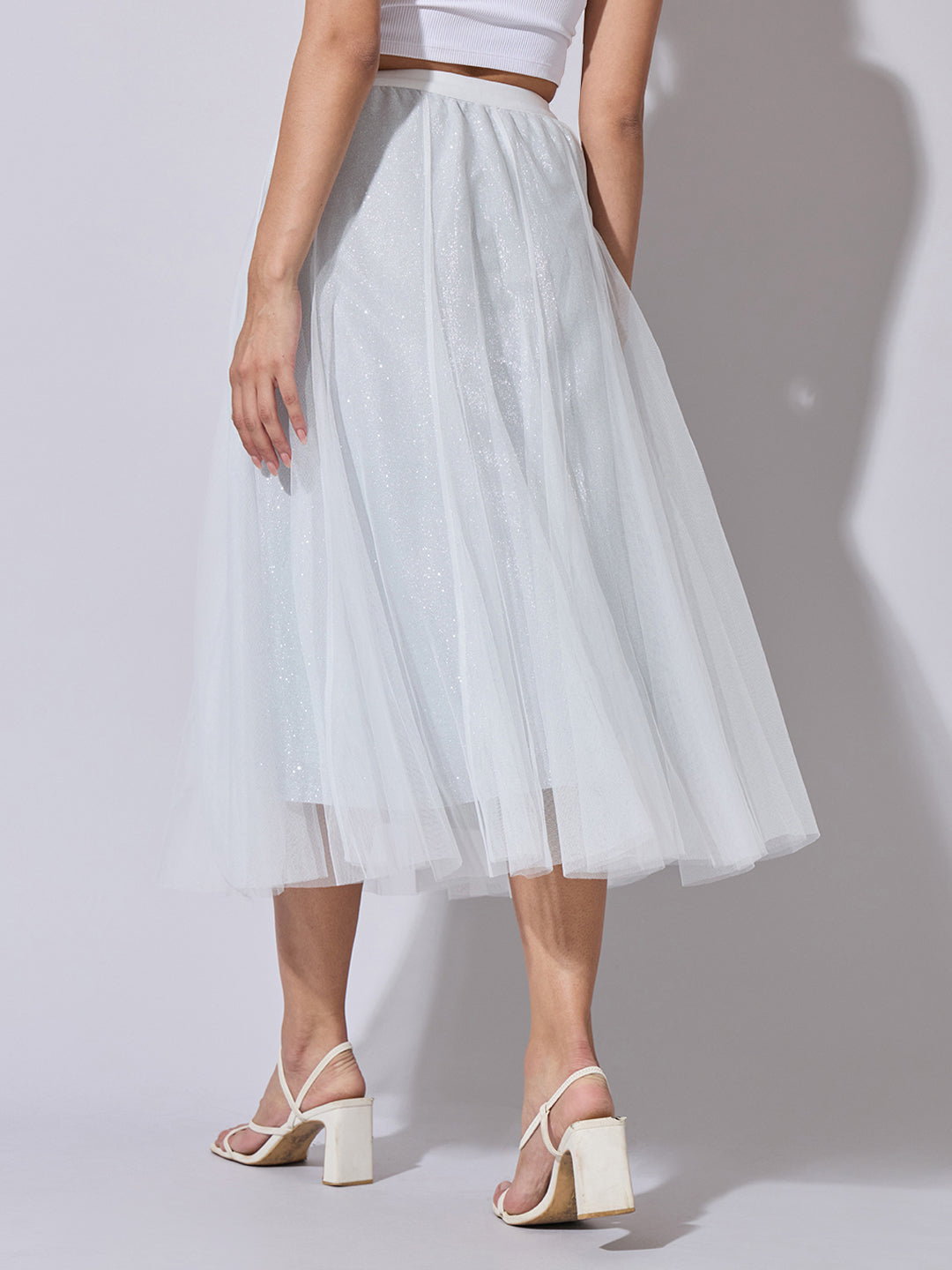 Women's White Shimmer Net Midi Skirt