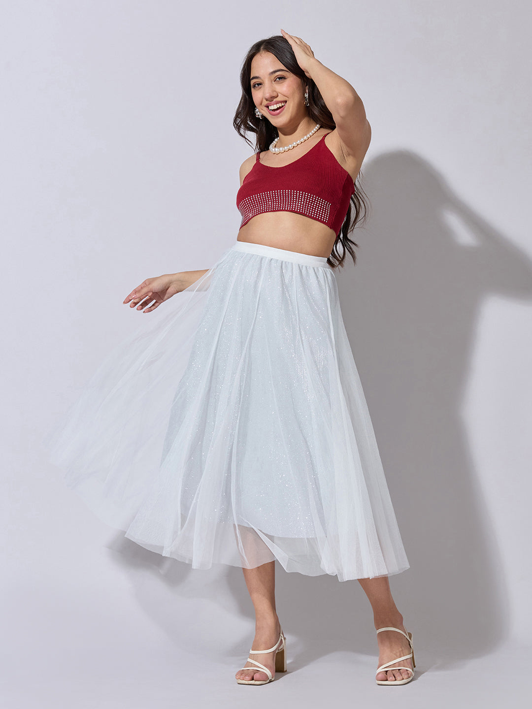 Women's White Shimmer Net Midi Skirt