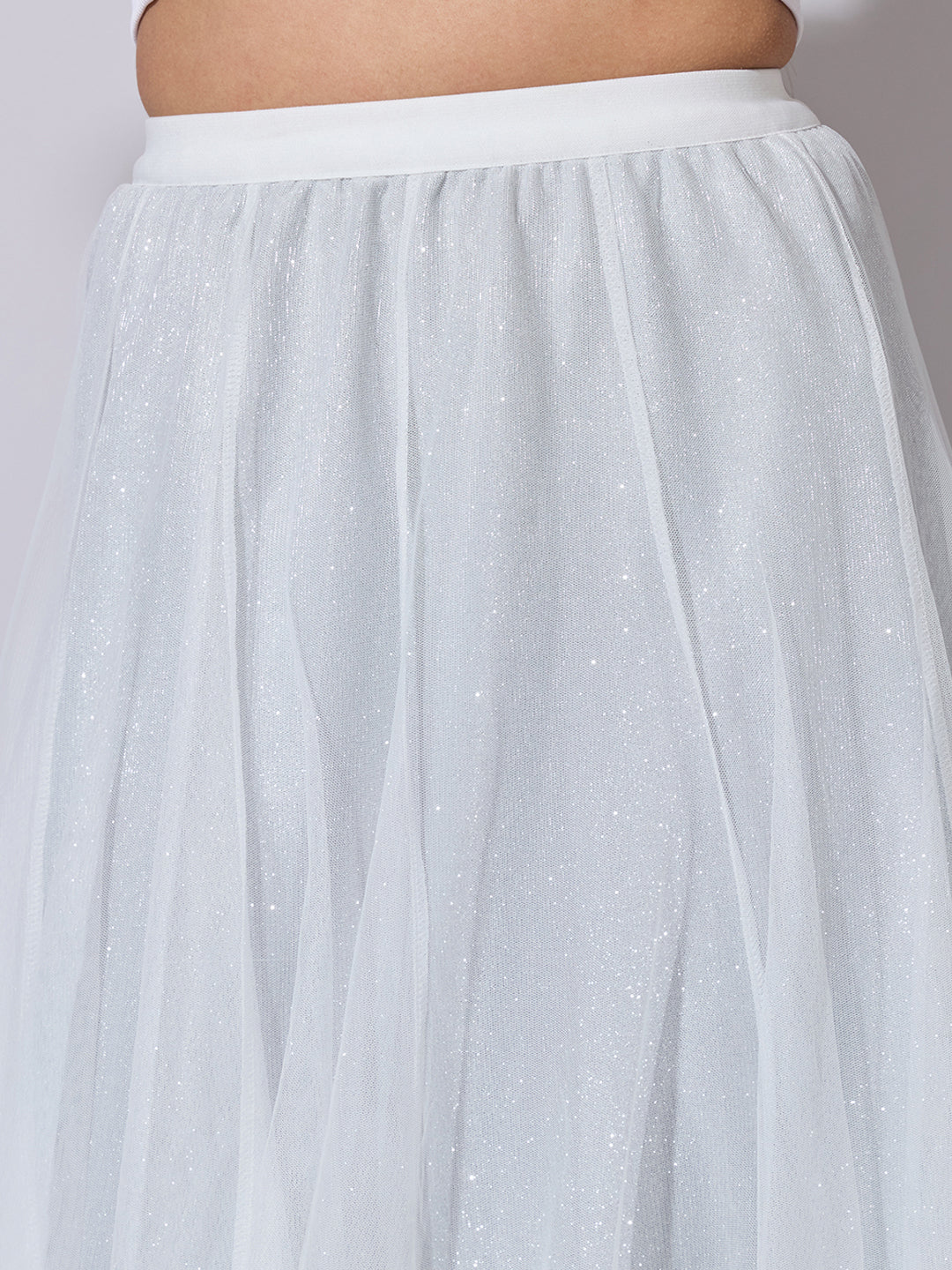 Women's White Shimmer Net Midi Skirt