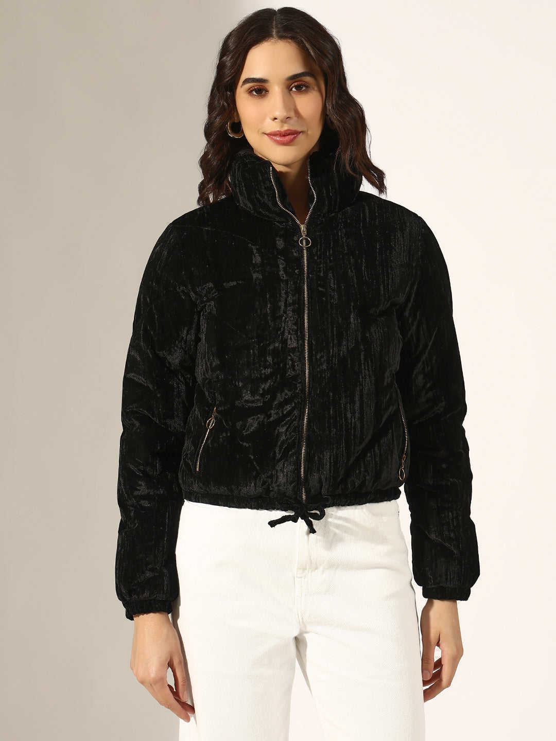 Women's Black Velvet Zip-Up Puffer Jacket