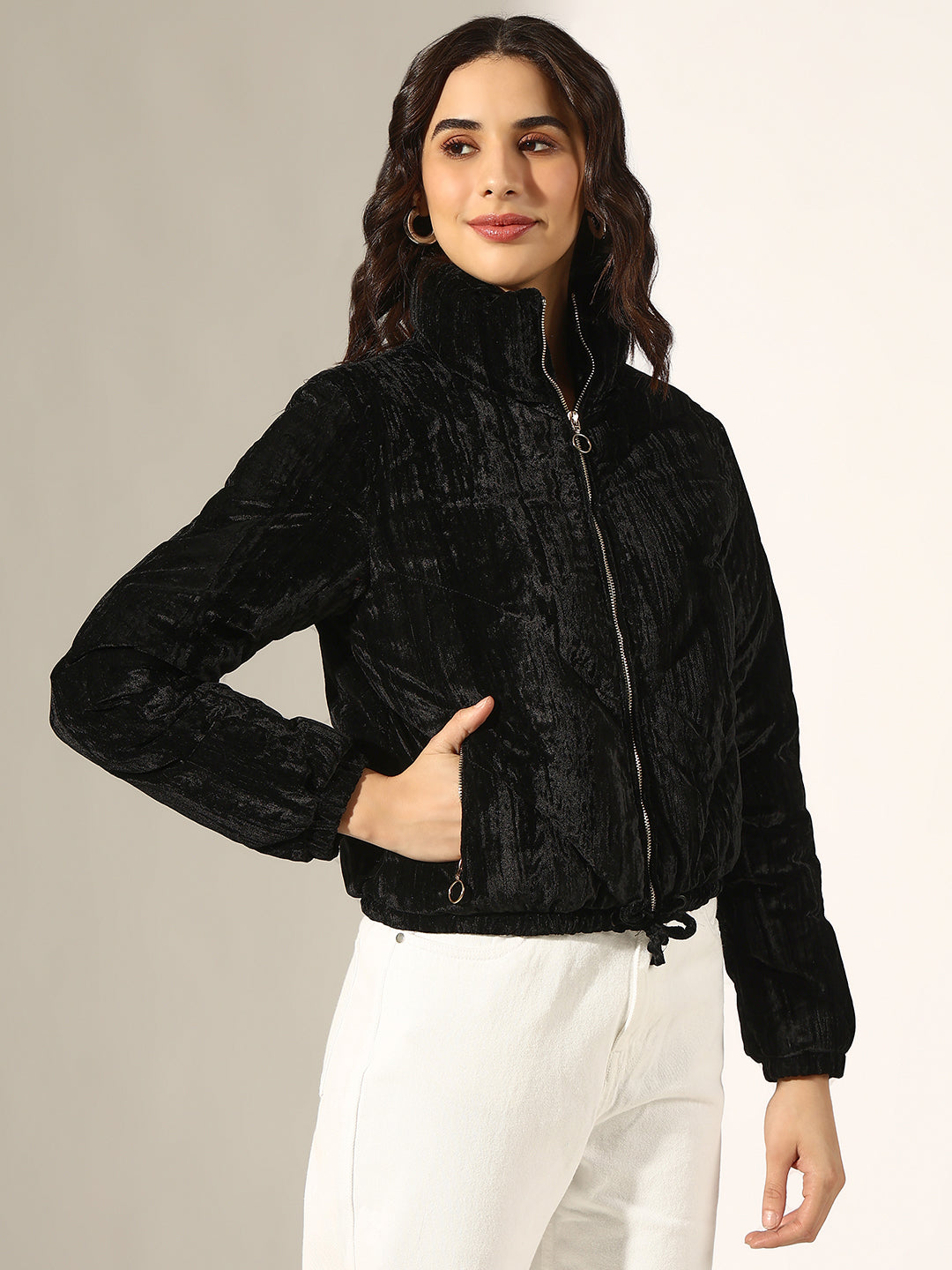 Women's Black Velvet Zip-Up Puffer Jacket