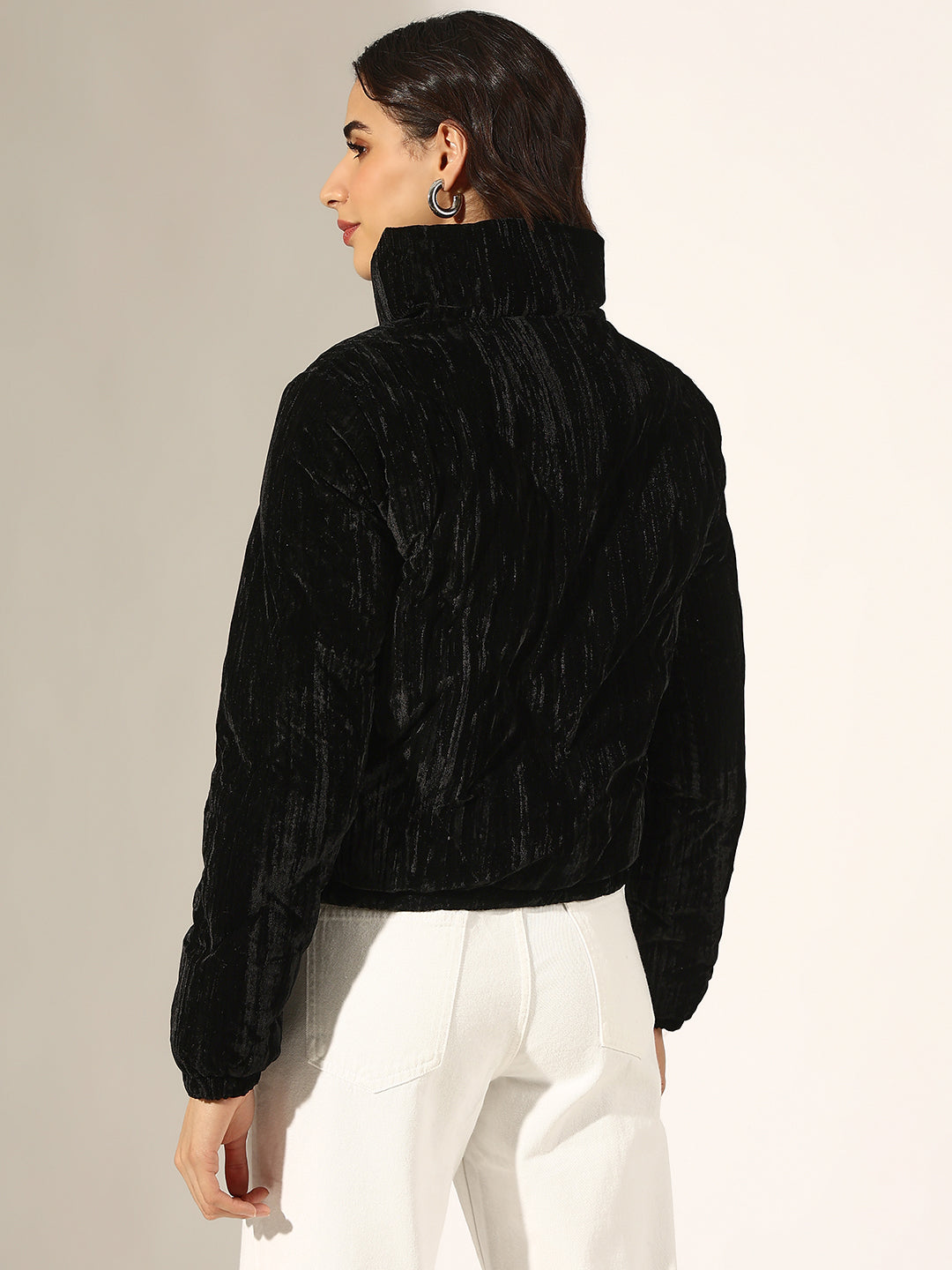 Women's Black Velvet Zip-Up Puffer Jacket