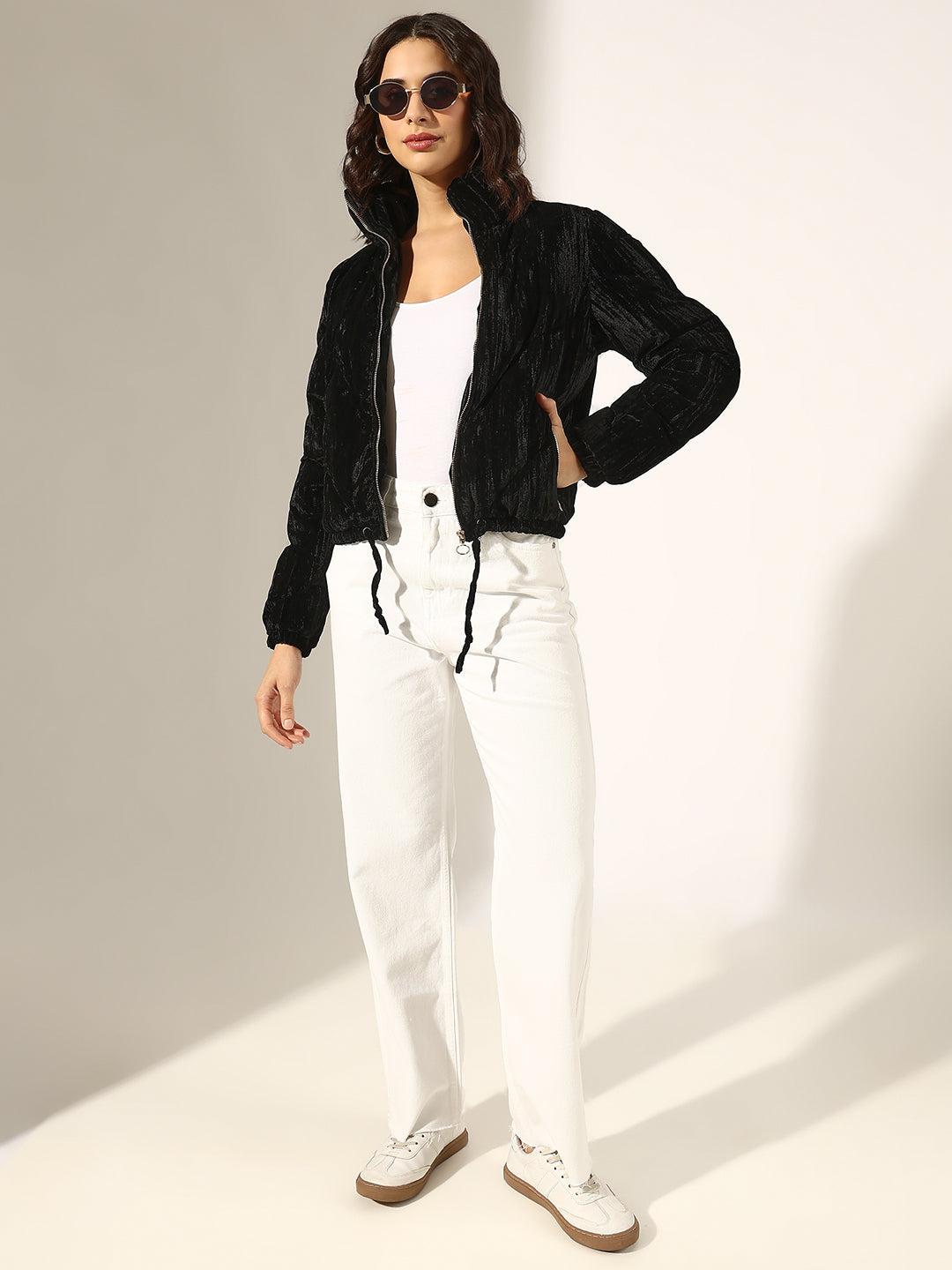 Women's Black Velvet Zip-Up Puffer Jacket