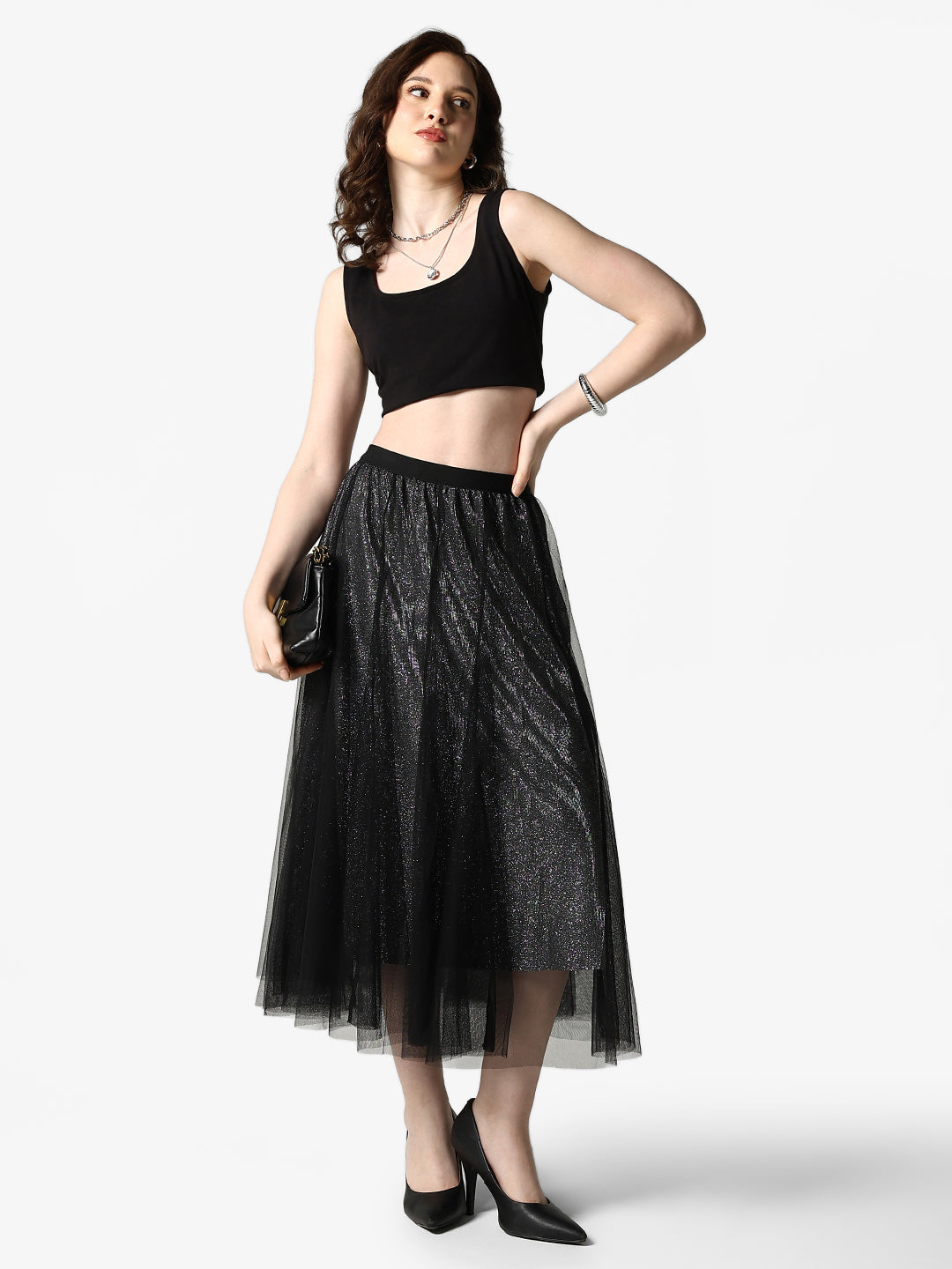 Women's Black Shimmer Net Midi Skirt