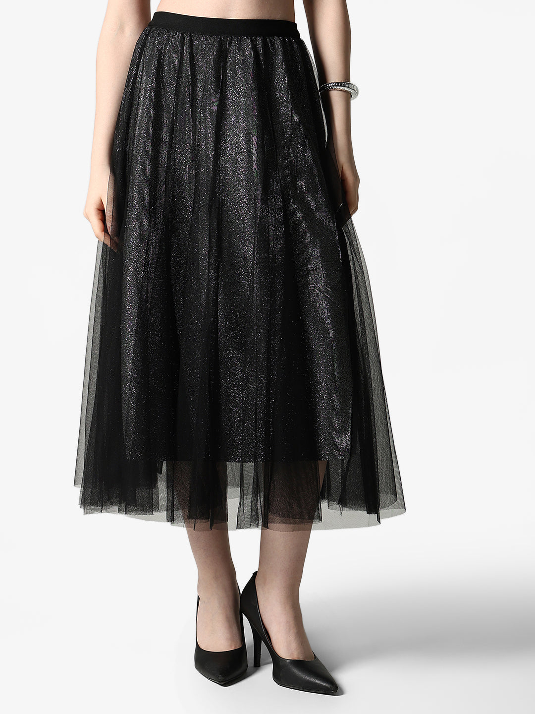 Women's Black Shimmer Net Midi Skirt