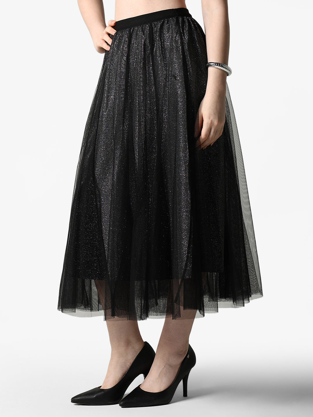 Women's Black Shimmer Net Midi Skirt