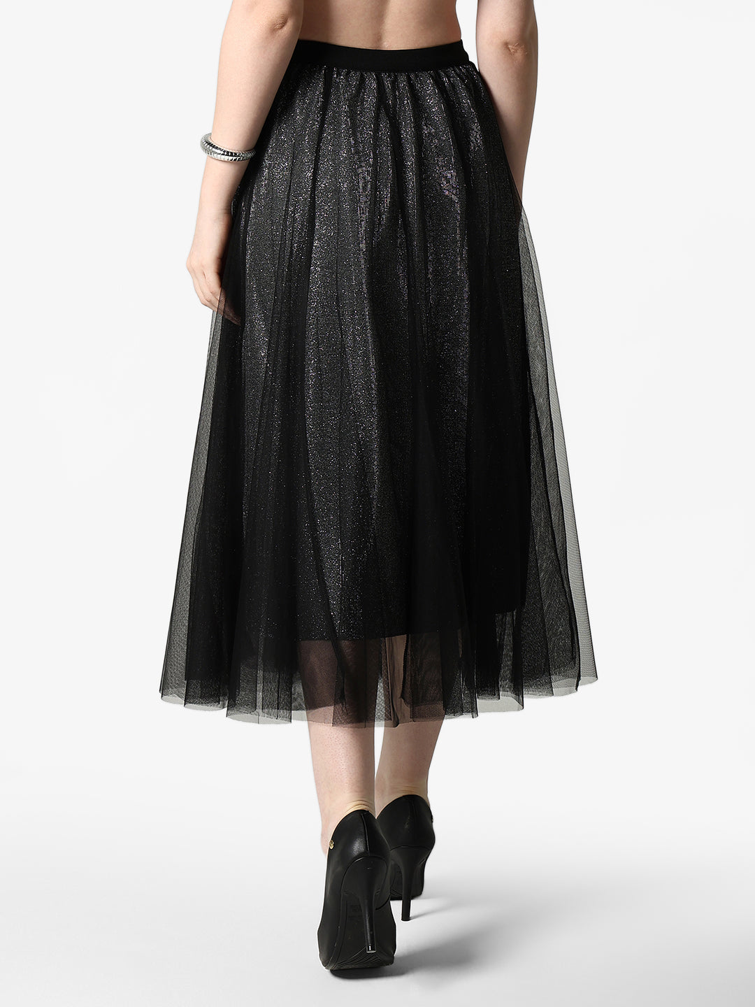 Women's Black Shimmer Net Midi Skirt