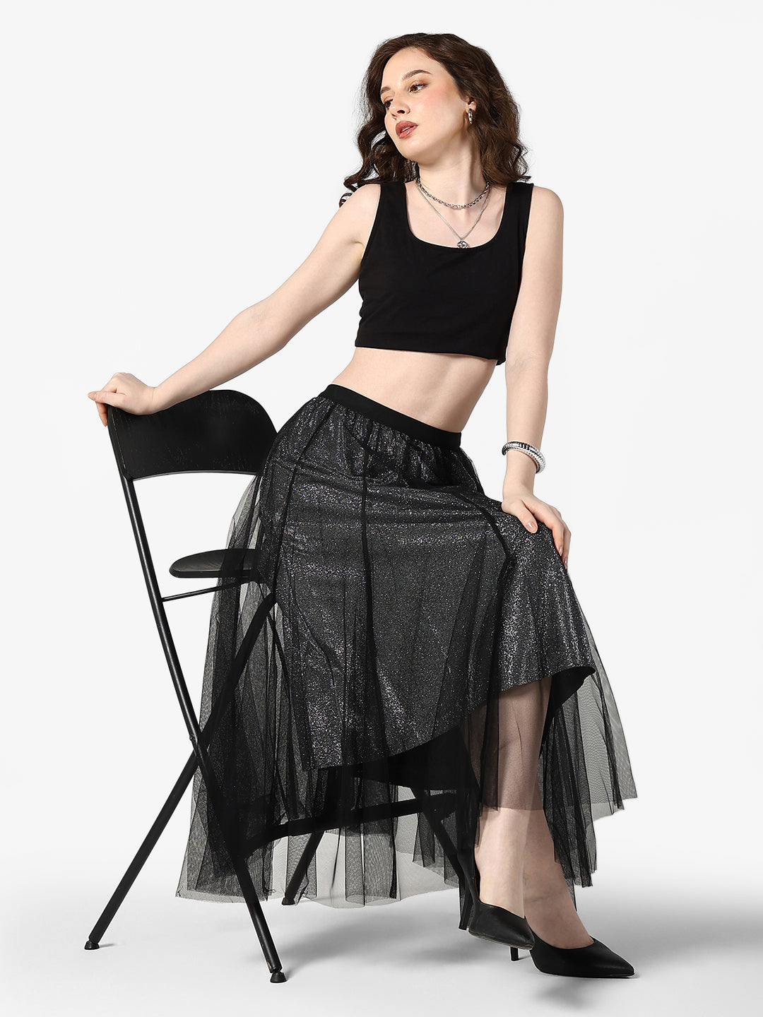 Women's Black Shimmer Net Midi Skirt