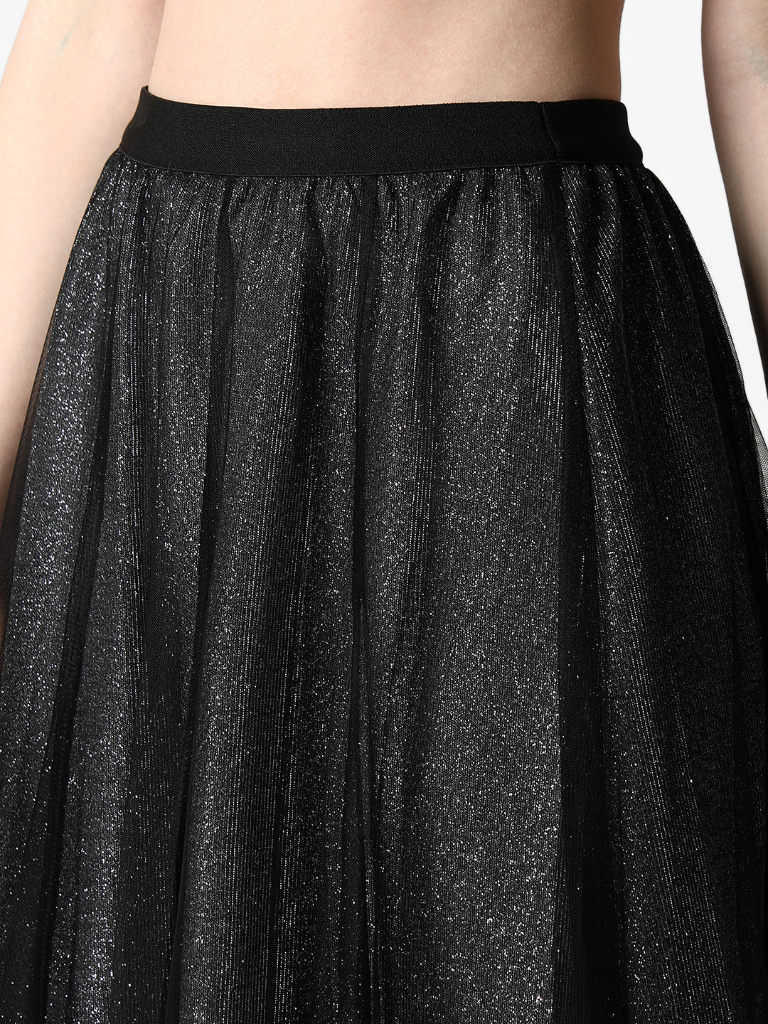 Women's Black Shimmer Net Midi Skirt