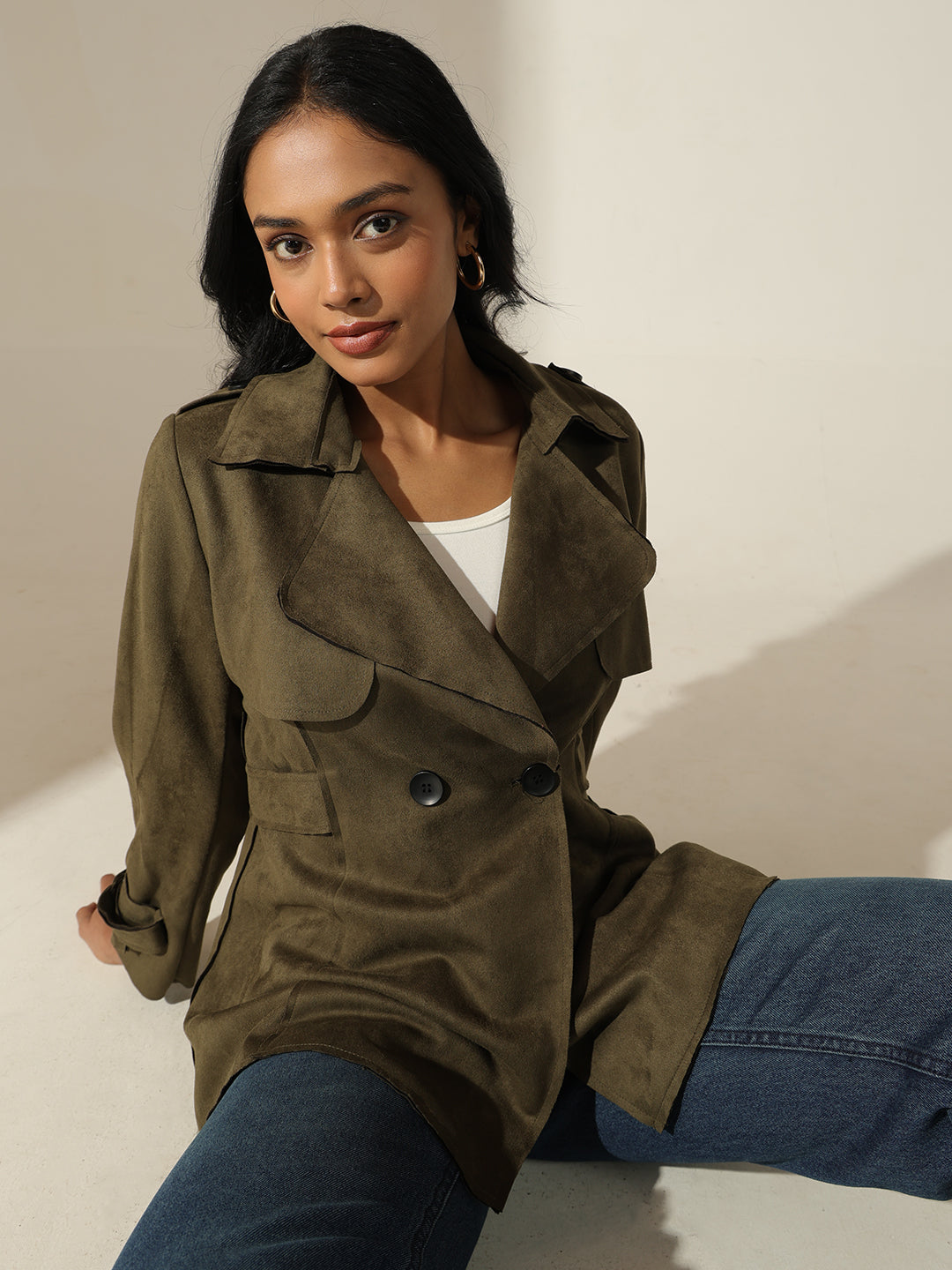 Women's Olive Long Sleeve Button-Front Trench Coat with Wrist Belt