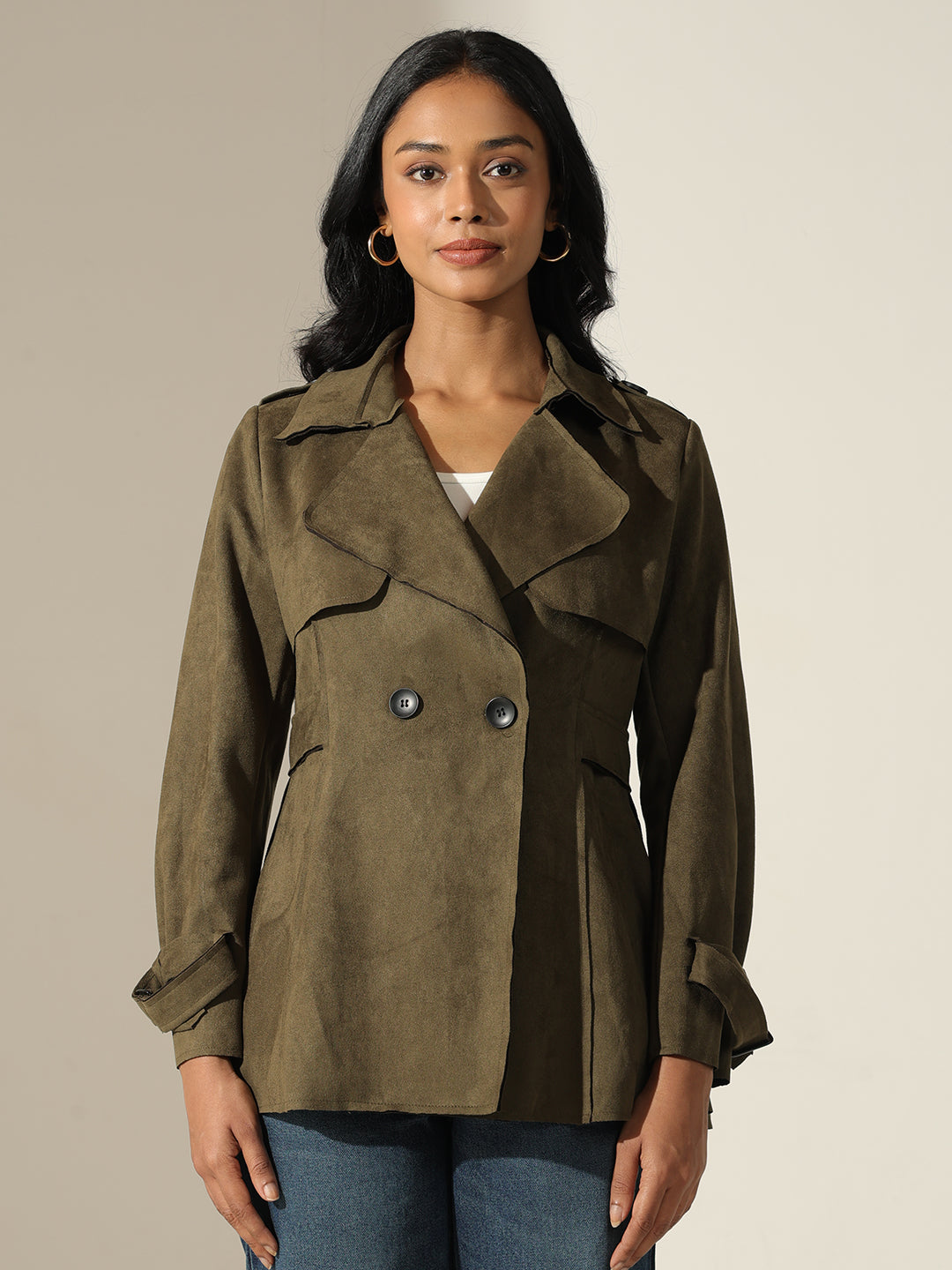 Women's Olive Long Sleeve Button-Front Trench Coat with Wrist Belt