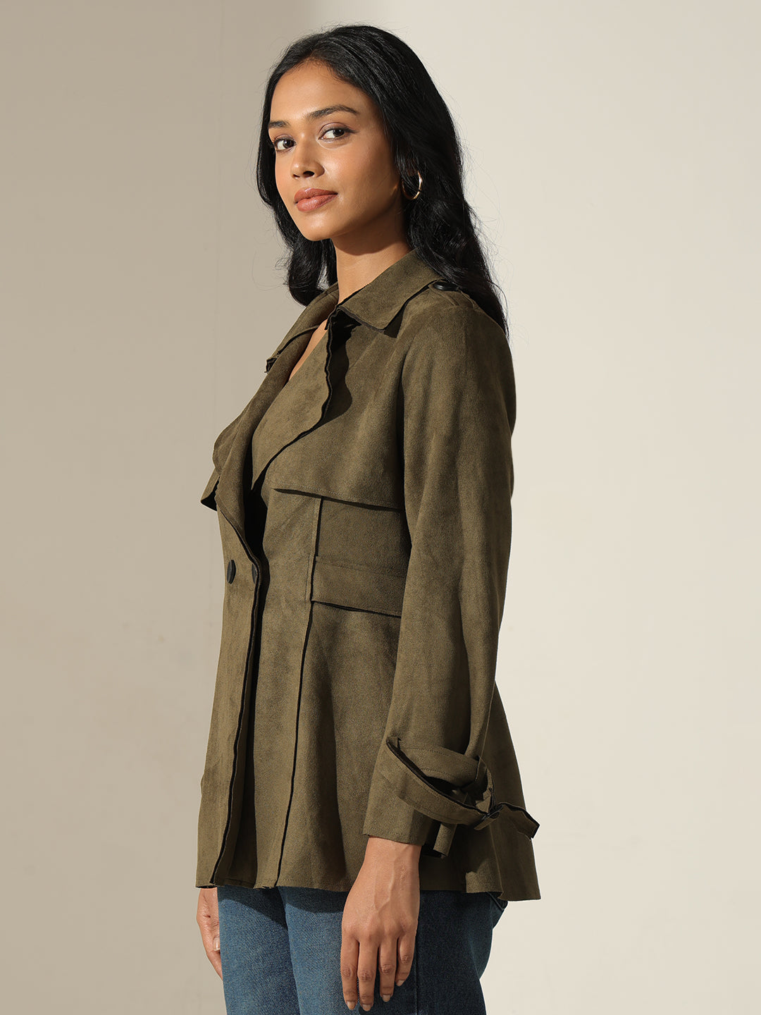 Women's Olive Long Sleeve Button-Front Trench Coat with Wrist Belt