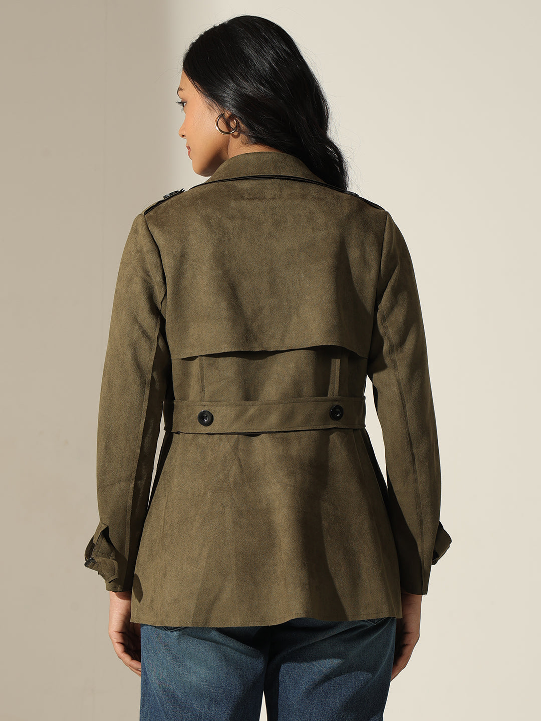 Women's Olive Long Sleeve Button-Front Trench Coat with Wrist Belt