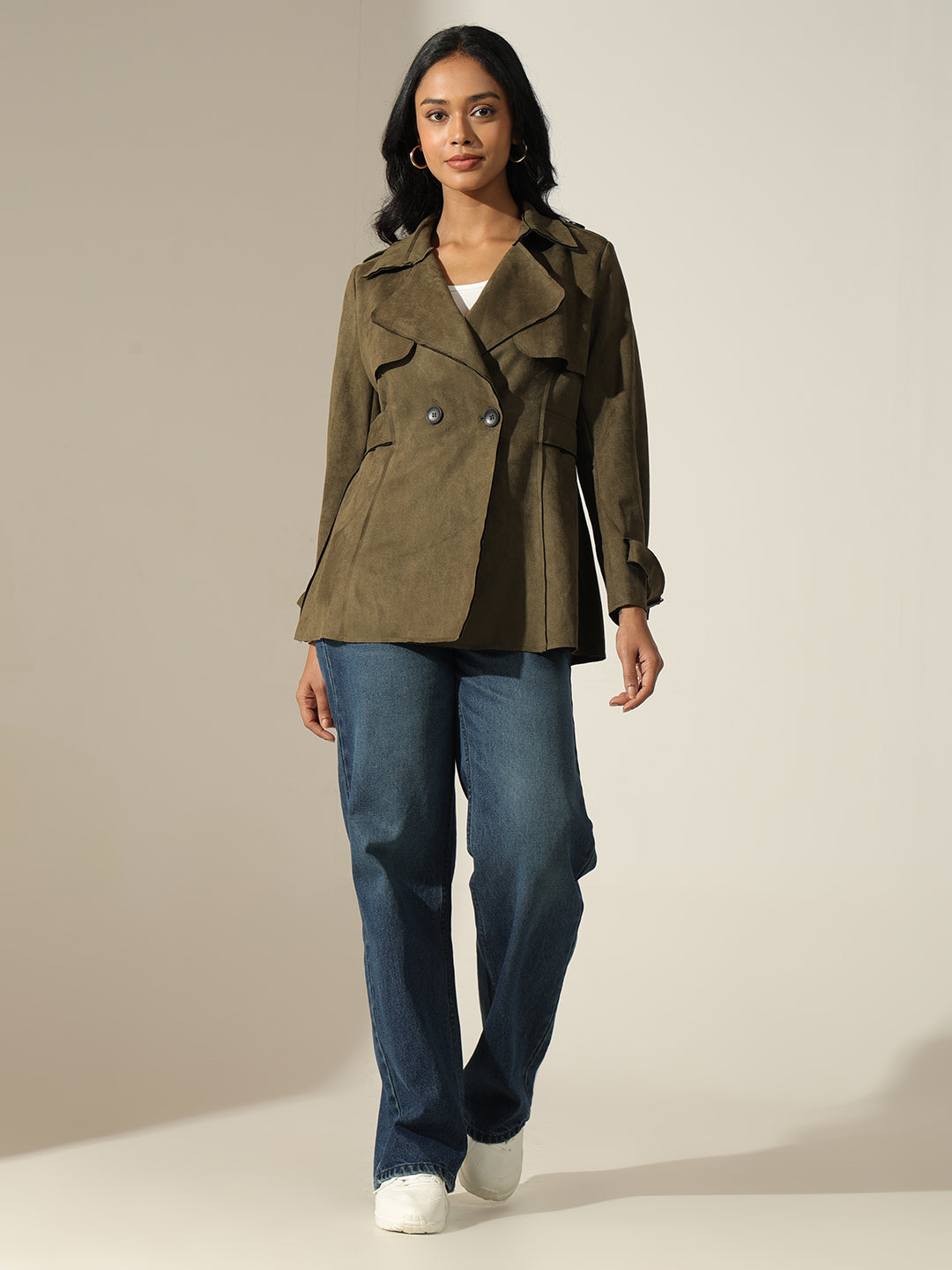 Women's Olive Long Sleeve Button-Front Trench Coat with Wrist Belt