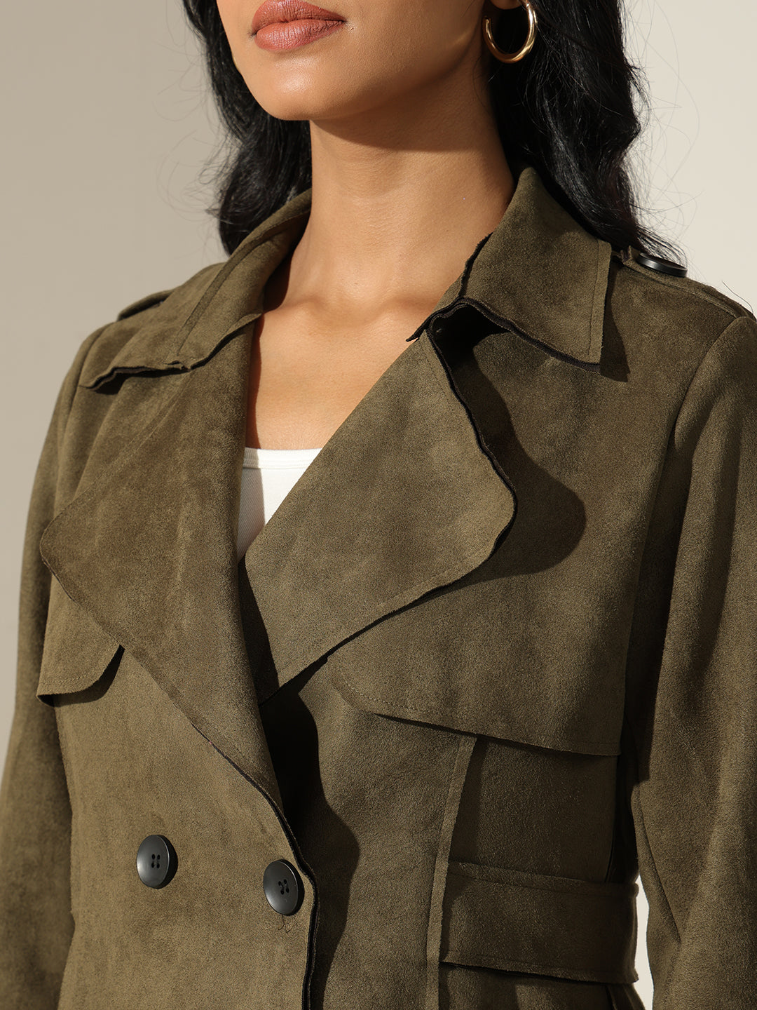 Women's Olive Long Sleeve Button-Front Trench Coat with Wrist Belt