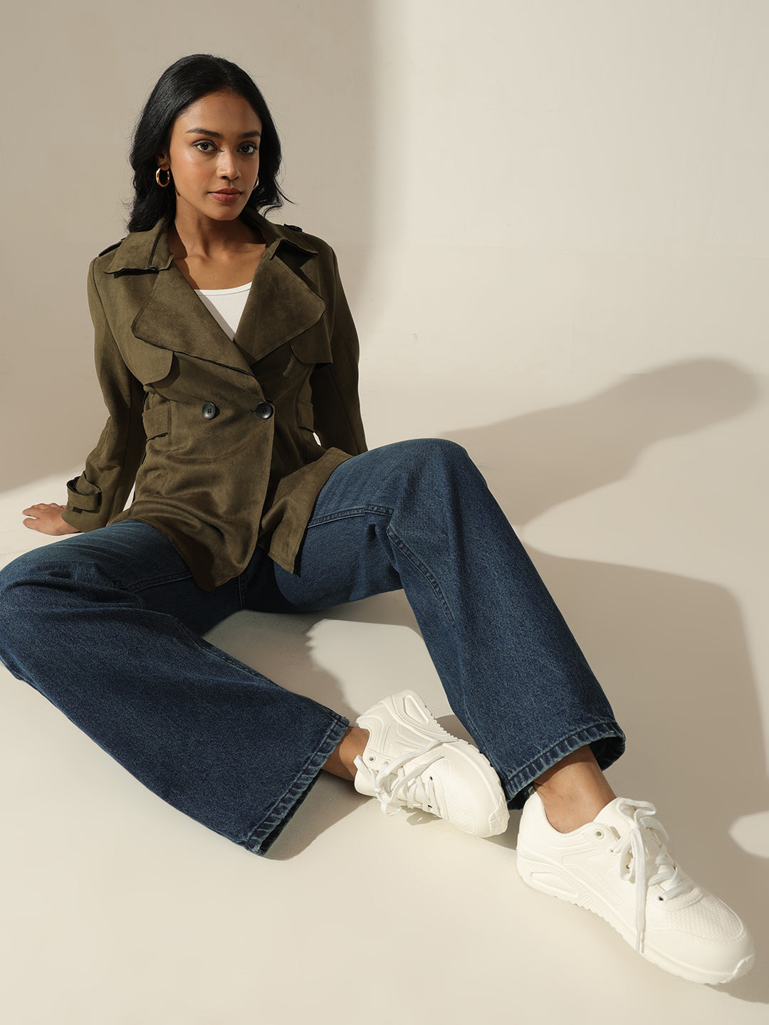 Women's Olive Long Sleeve Button-Front Trench Coat with Wrist Belt