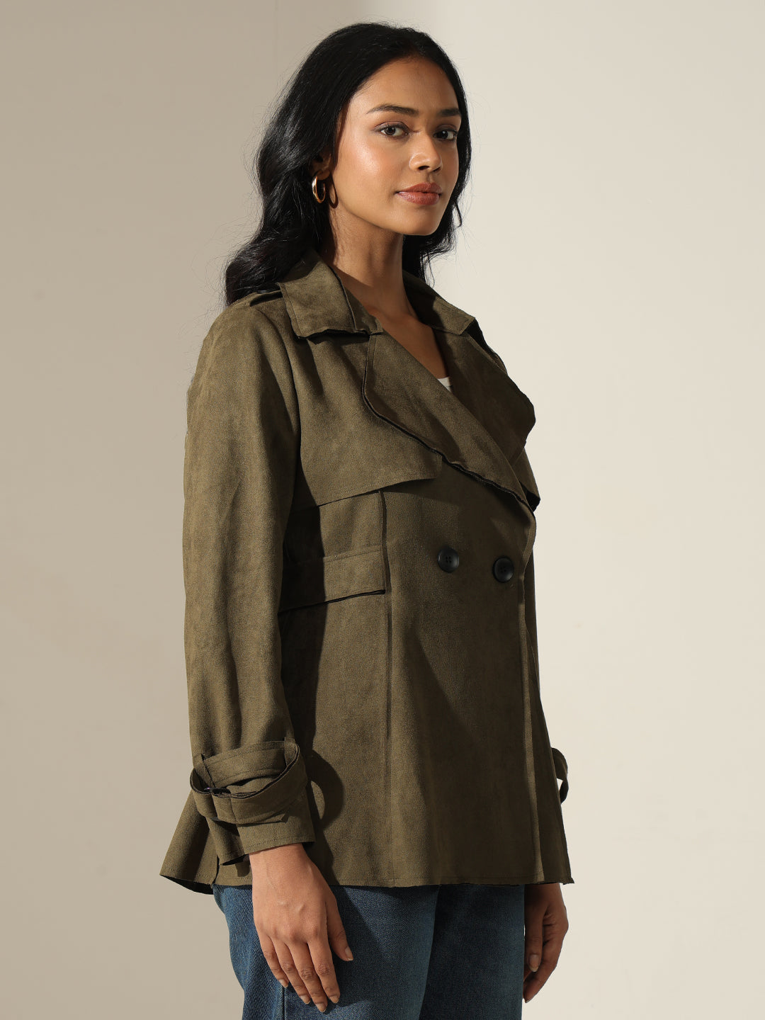Women's Olive Long Sleeve Button-Front Trench Coat with Wrist Belt